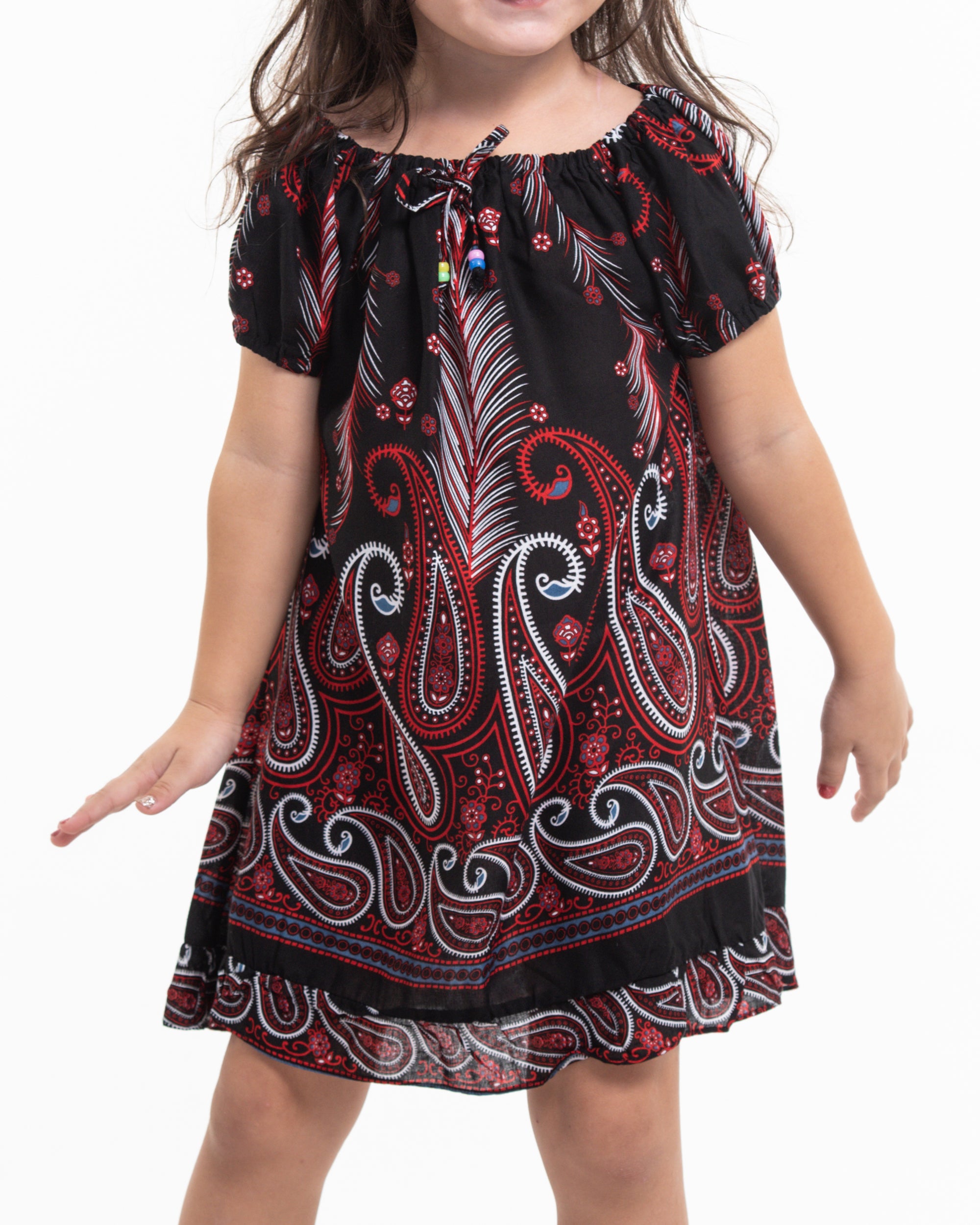 Kids Paisley Feathers Dress in Black