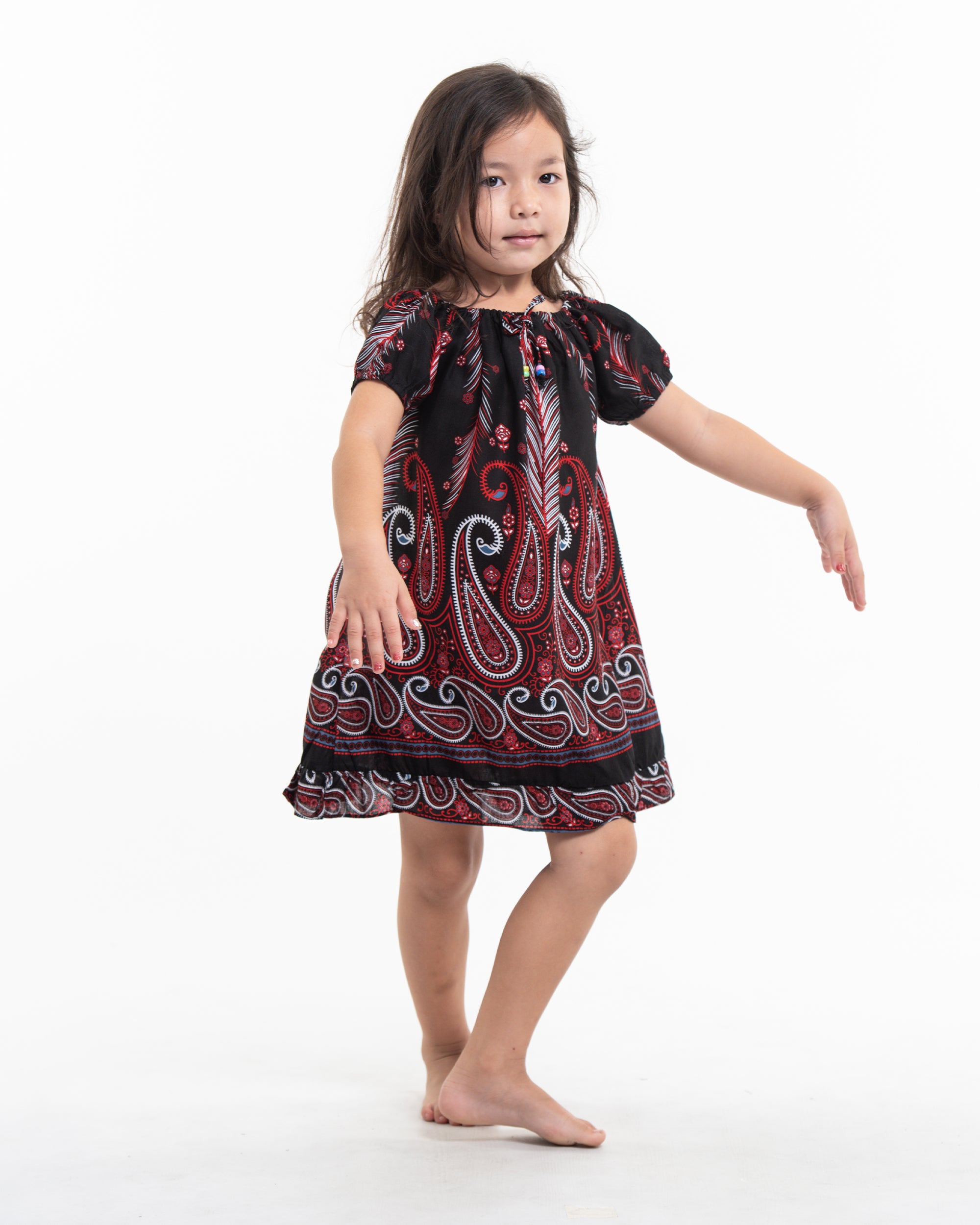Kids Paisley Feathers Dress in Black