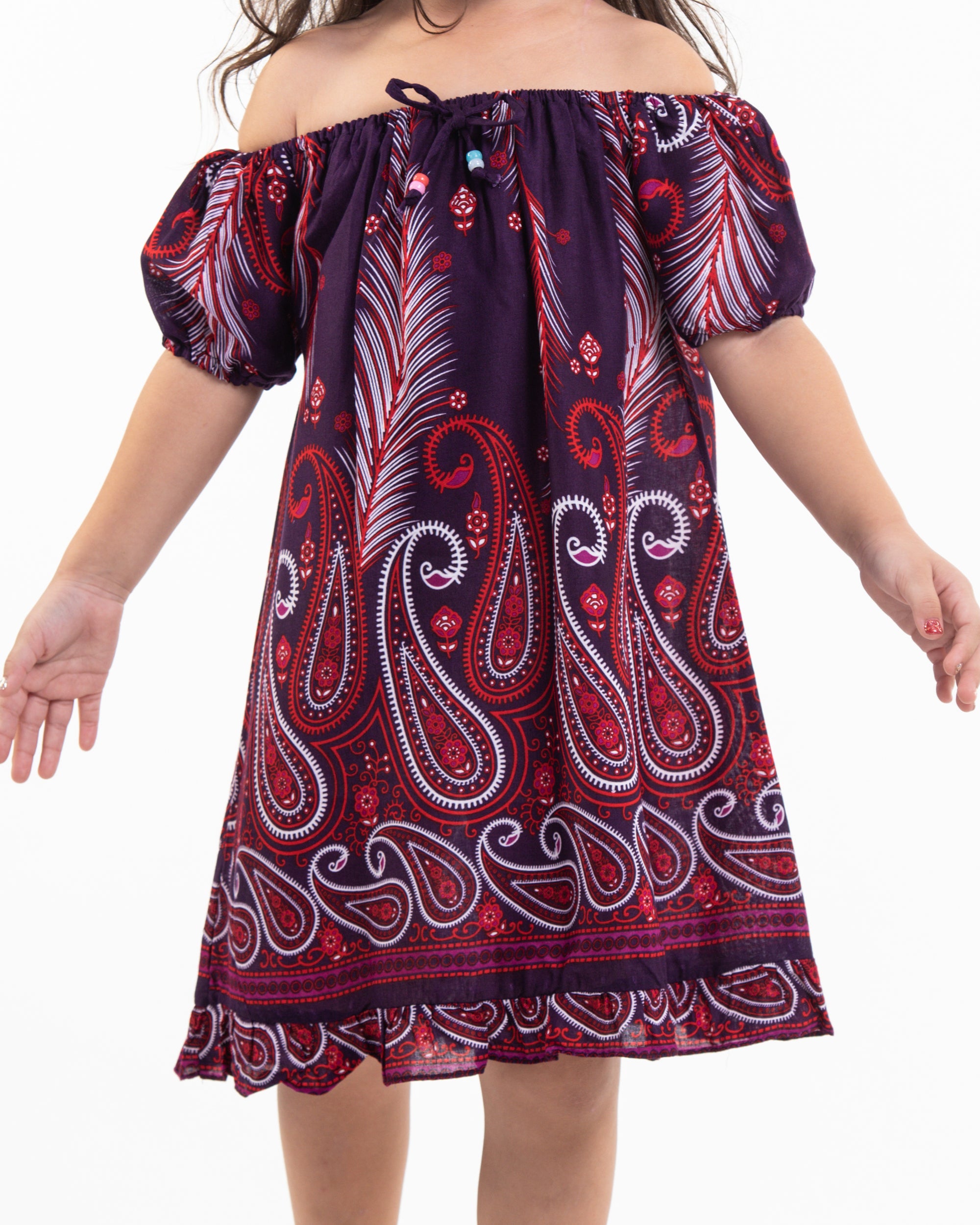 Kids Paisley Feathers Dress in Purple