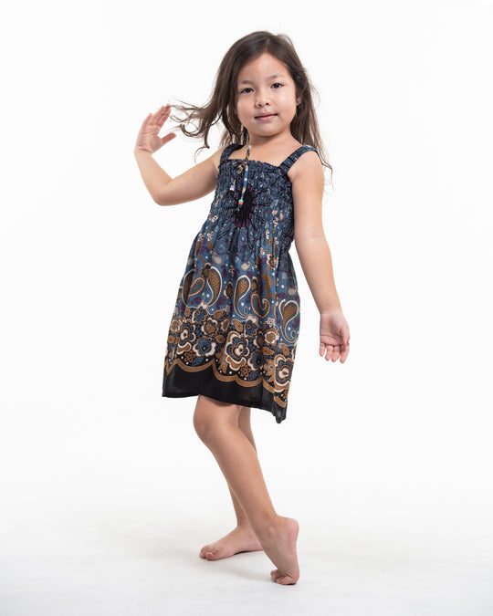 Kids Paisley Mandalas Smock Dress in Blue Gray