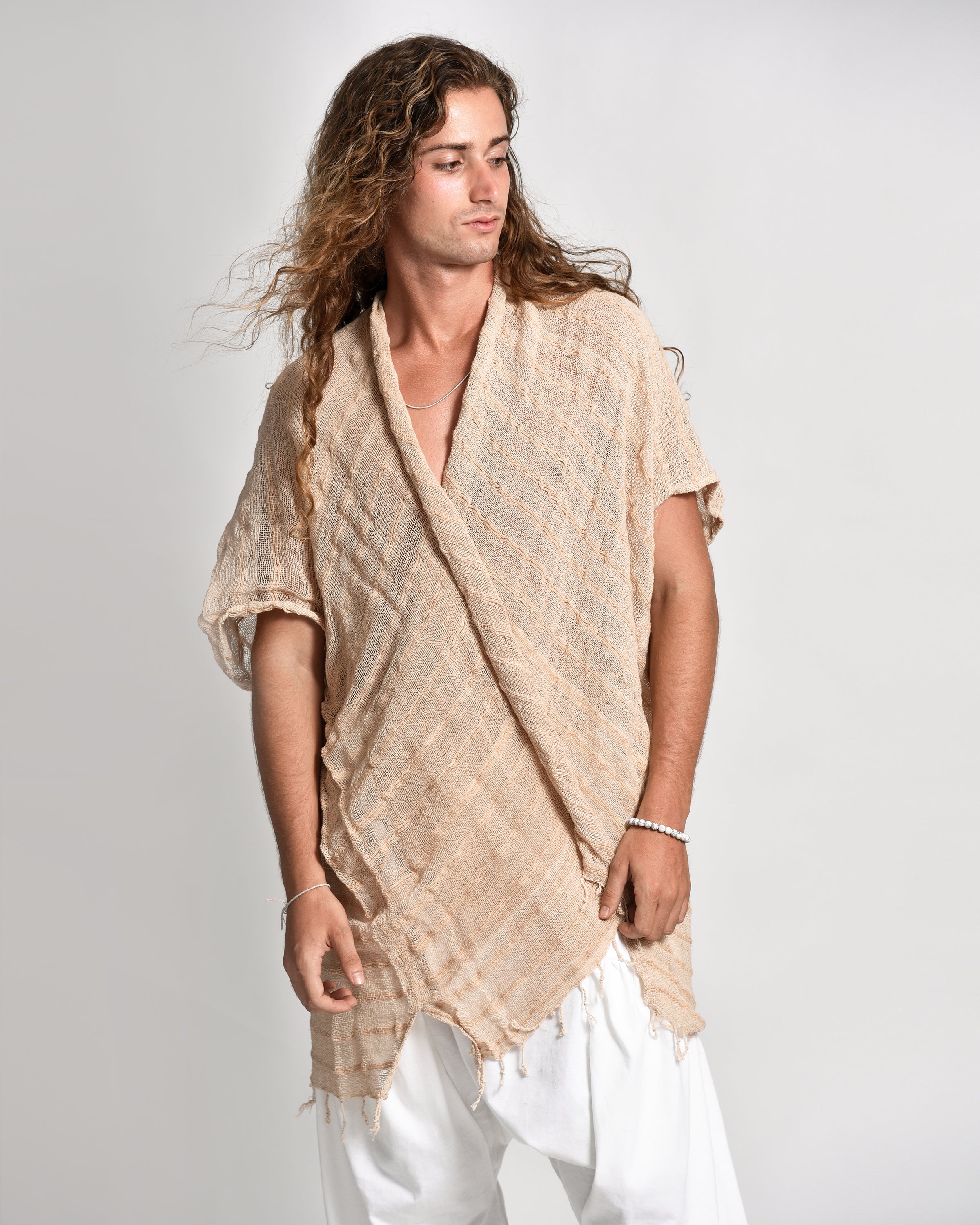 Hand-Woven Cotton Kimono Cardigan in Tan