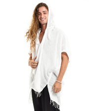 Hand-Woven Cotton Hooded Kimono Cardigan in White