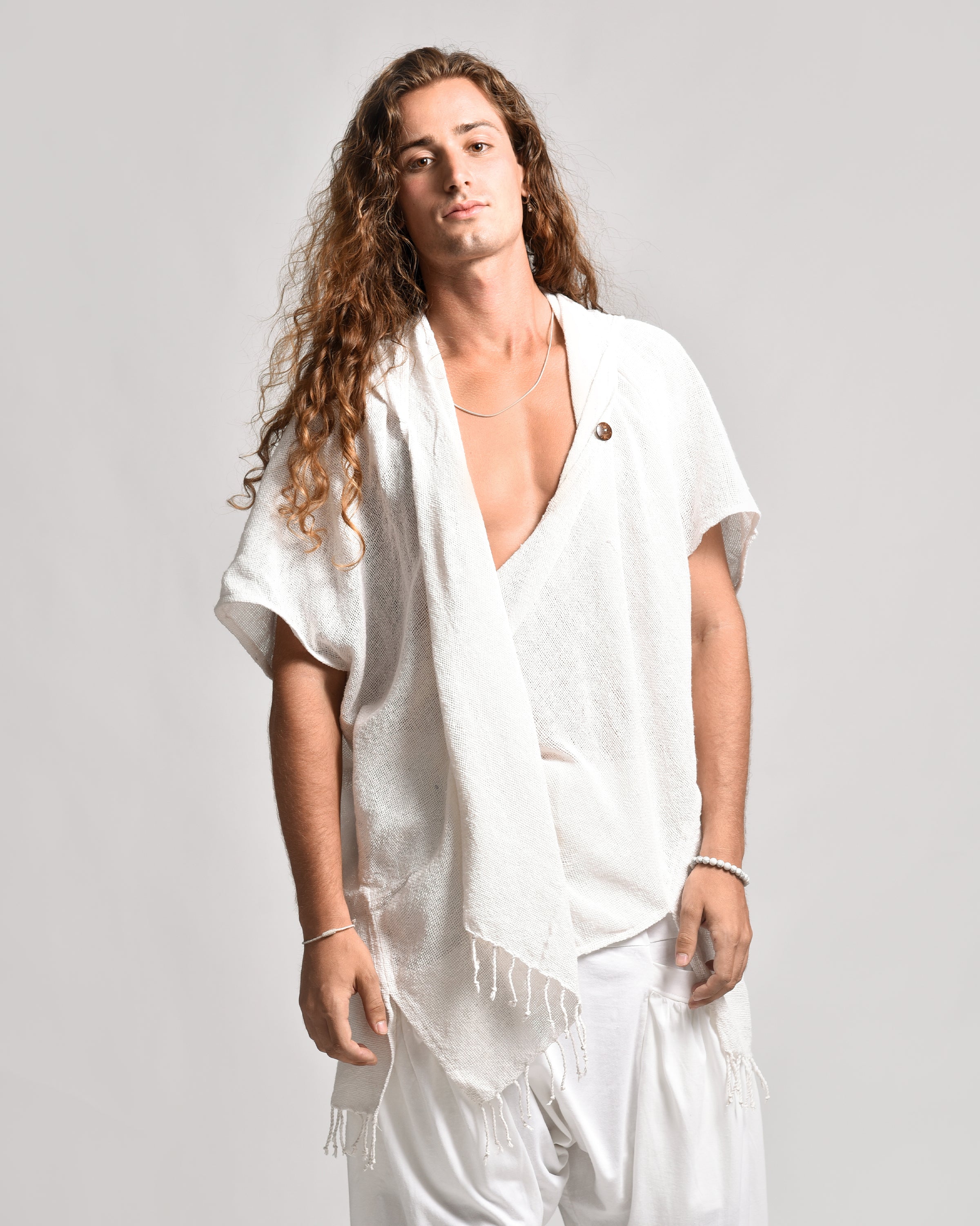 Hand-Woven Cotton Hooded Kimono Cardigan in White