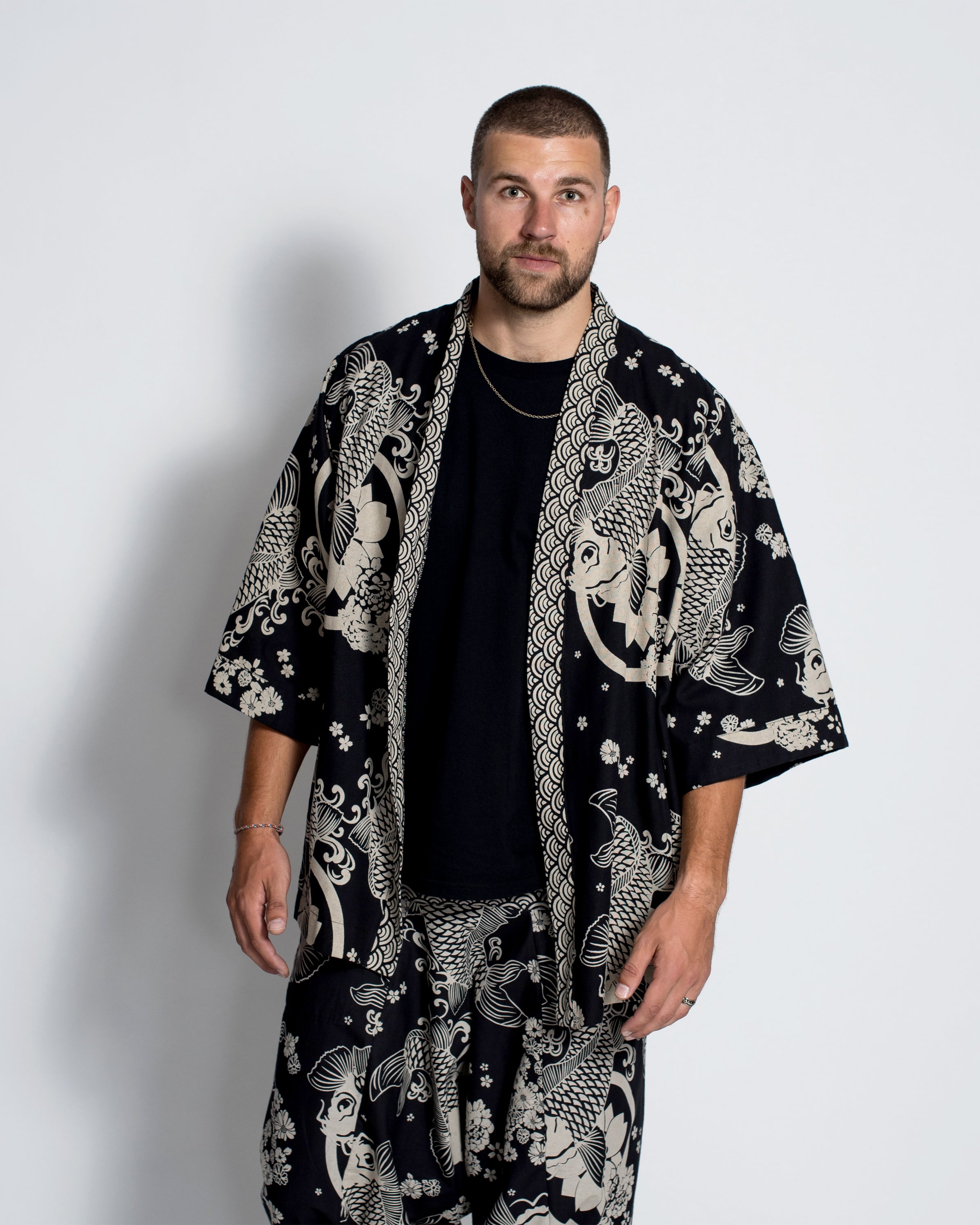 Koi Fish Print Cotton Kimono Cardigan in Black