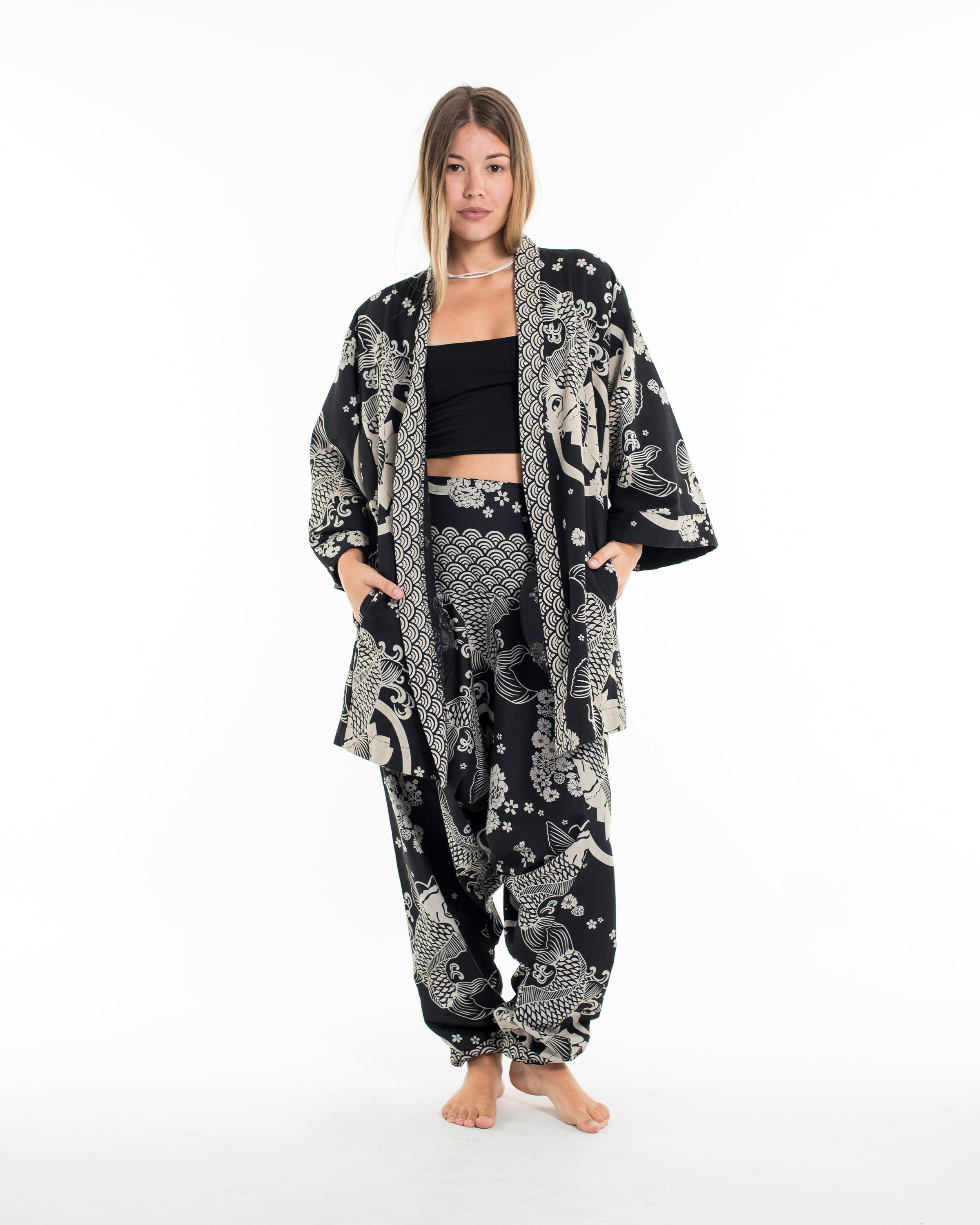 Koi Fish Print Cotton Kimono Cardigan in Black