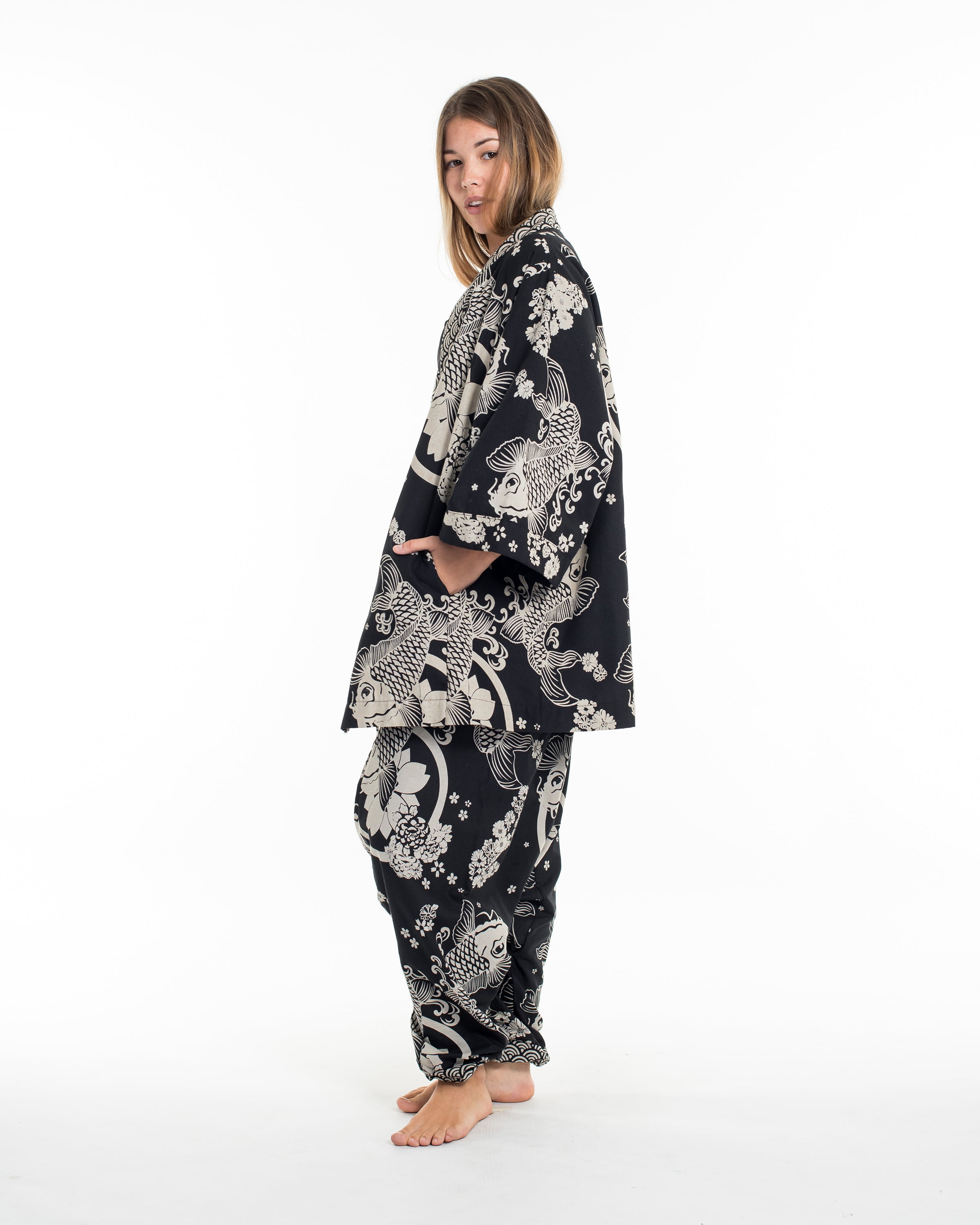 Koi Fish Print Cotton Kimono Cardigan in Black
