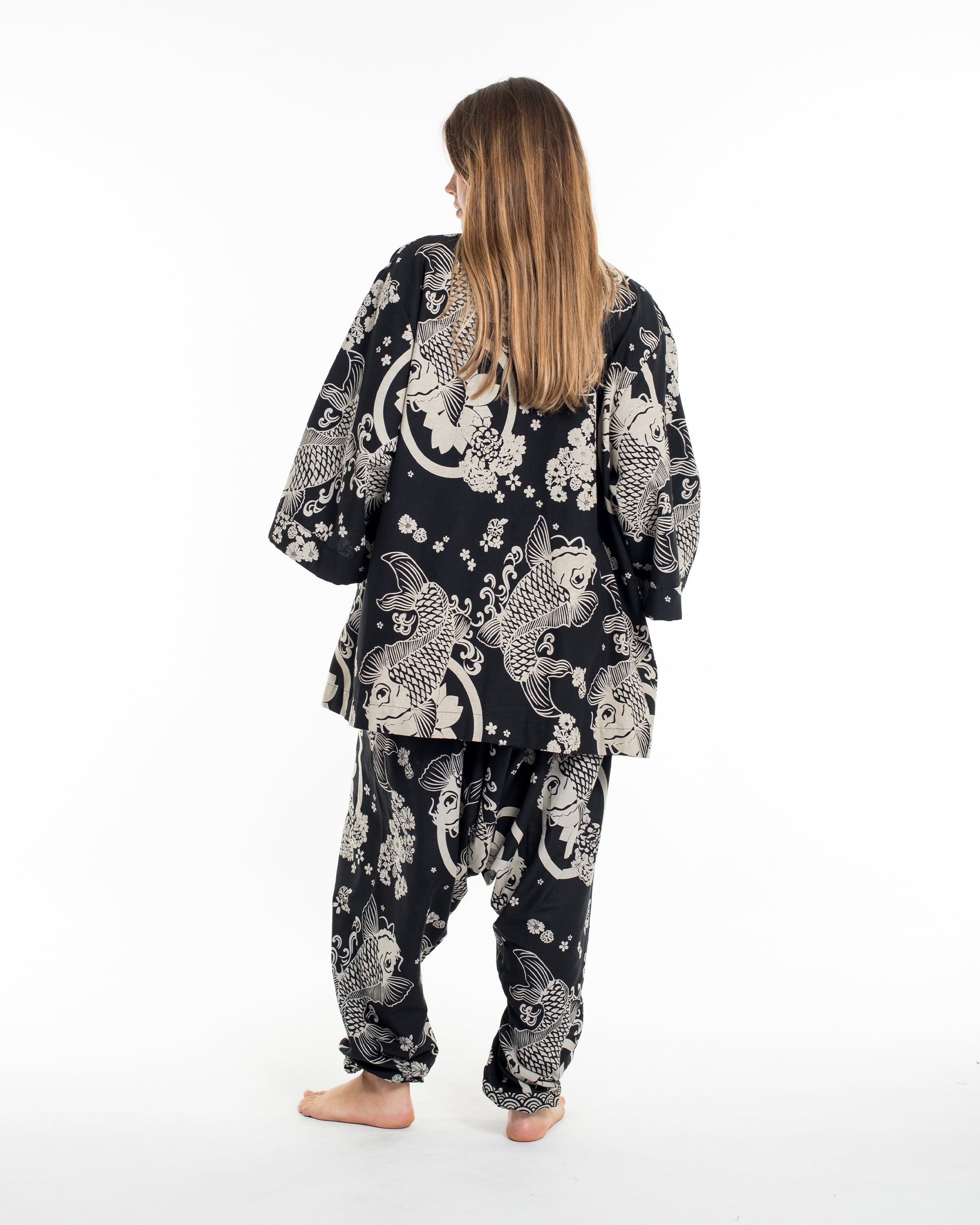 Koi Fish Print Cotton Kimono Cardigan in Black