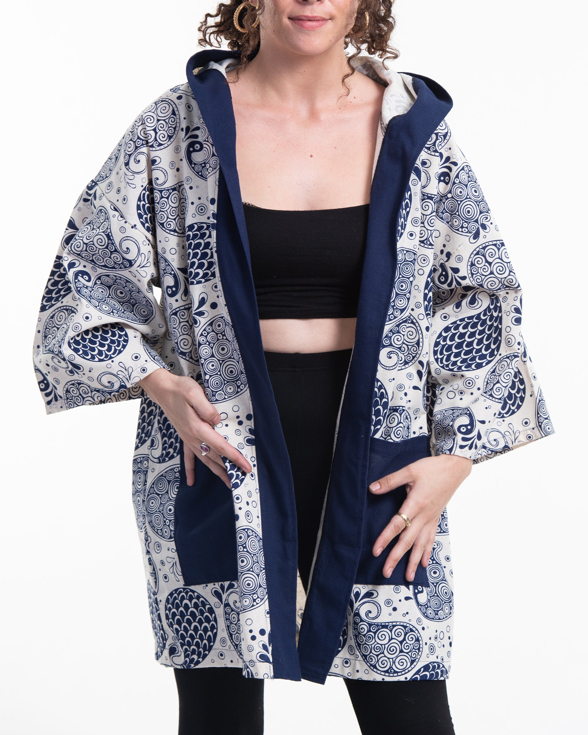 Paisley Print Cotton Hoodie Kimono Cardigan in Blue