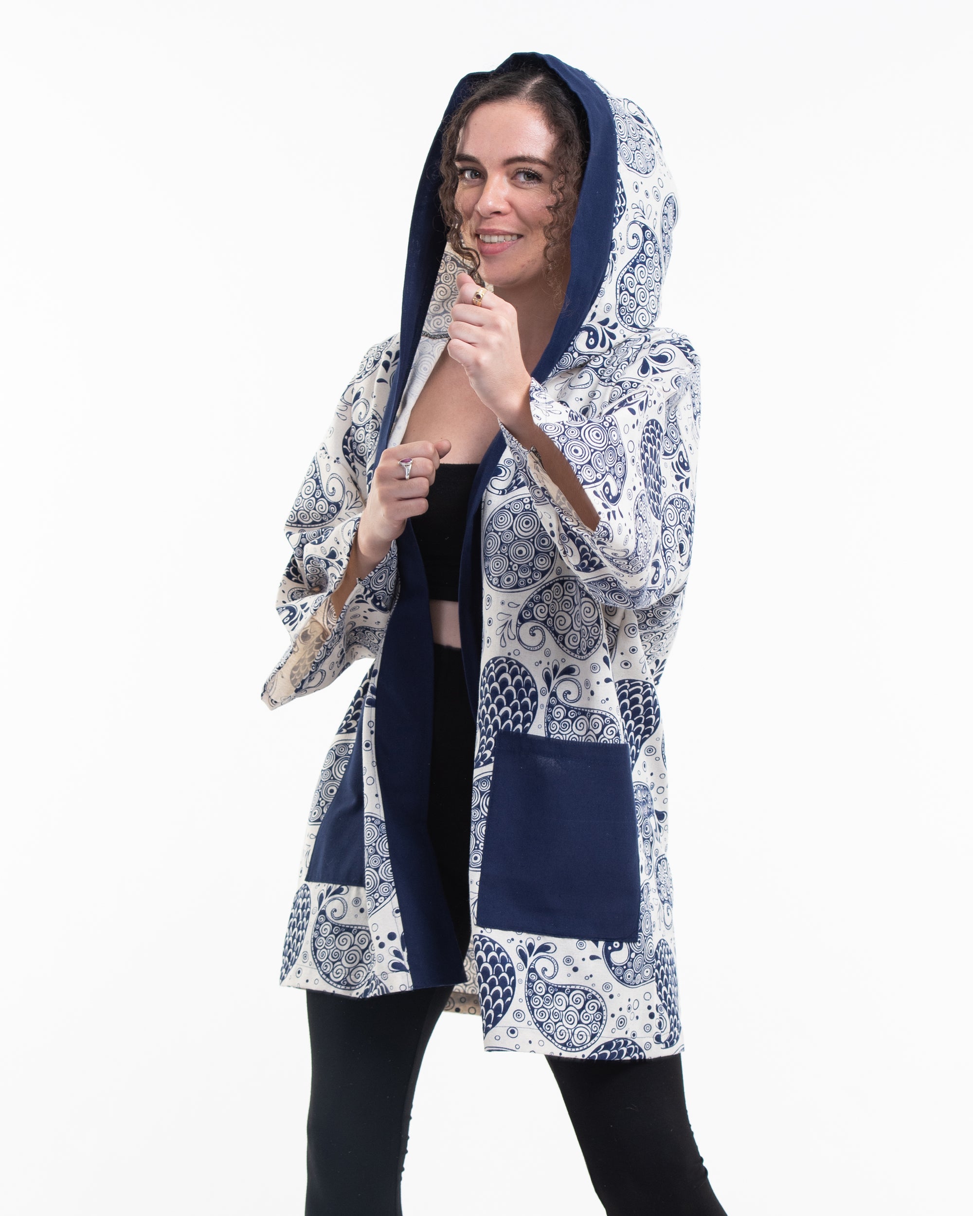 Paisley Print Cotton Hoodie Kimono Cardigan in Blue