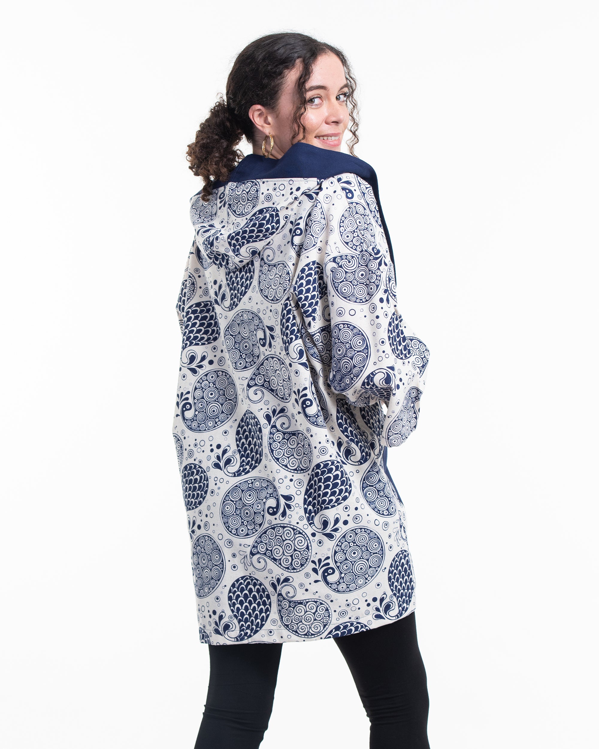 Paisley Print Cotton Hoodie Kimono Cardigan in Blue