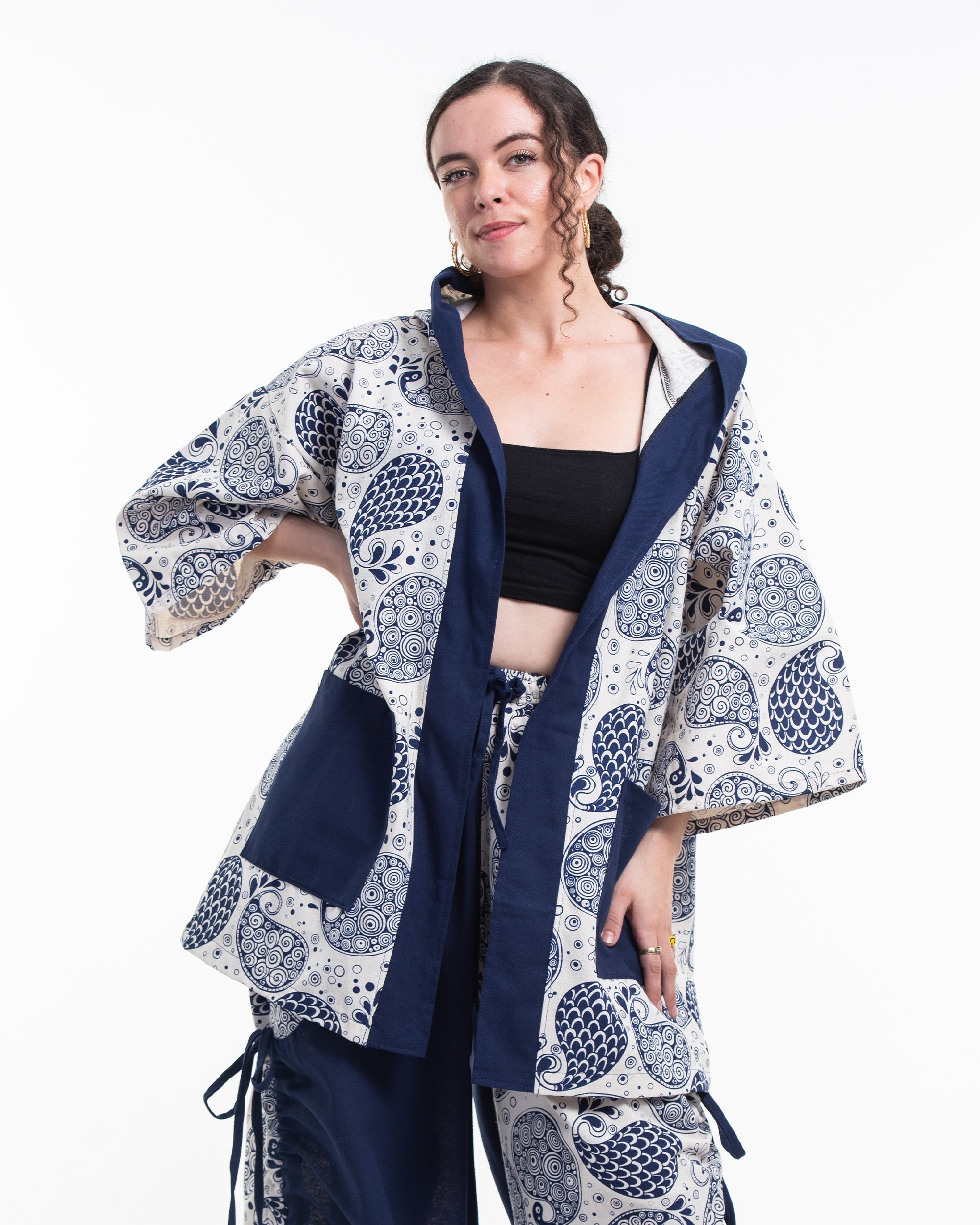 Paisley Print Cotton Hoodie Kimono Cardigan in Blue