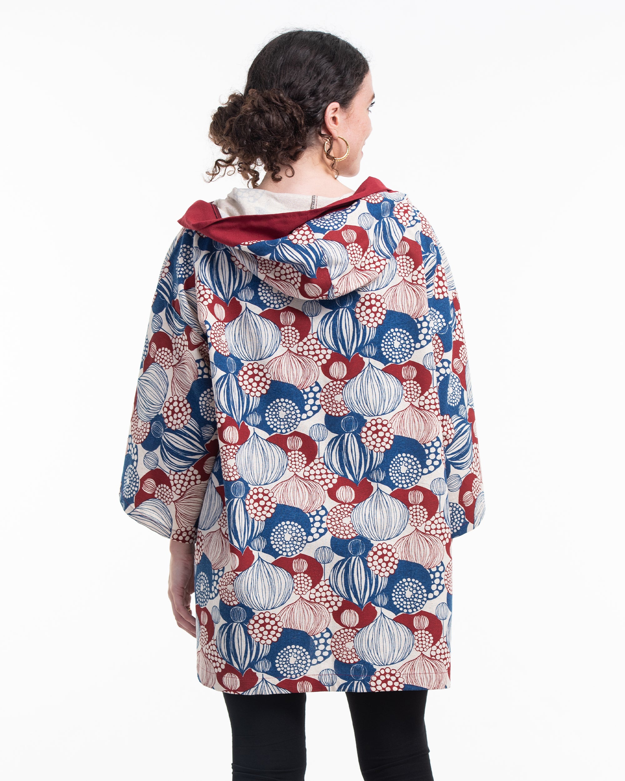 Leaves Print Cotton Hoodie Kimono Cardigan in Red