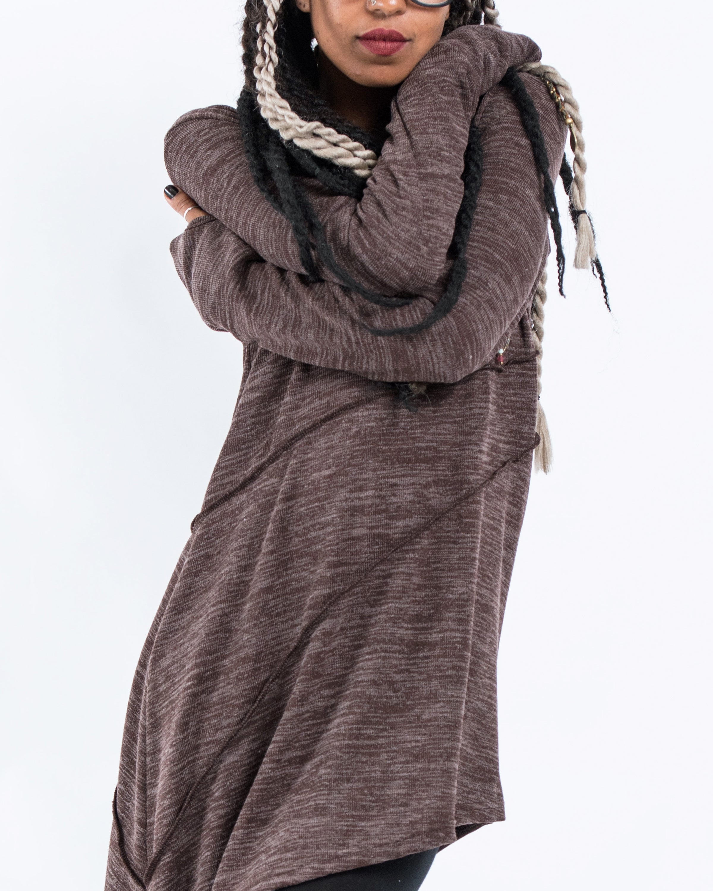 Light Hooded Diagonal Cut Sweater in Brown