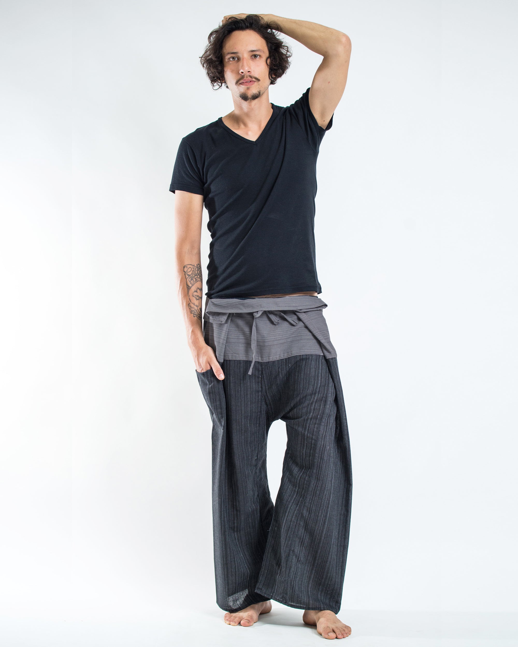 Unisex 2-Tone Pinstripes Thai Fisherman Pants in Black – Harem Pants