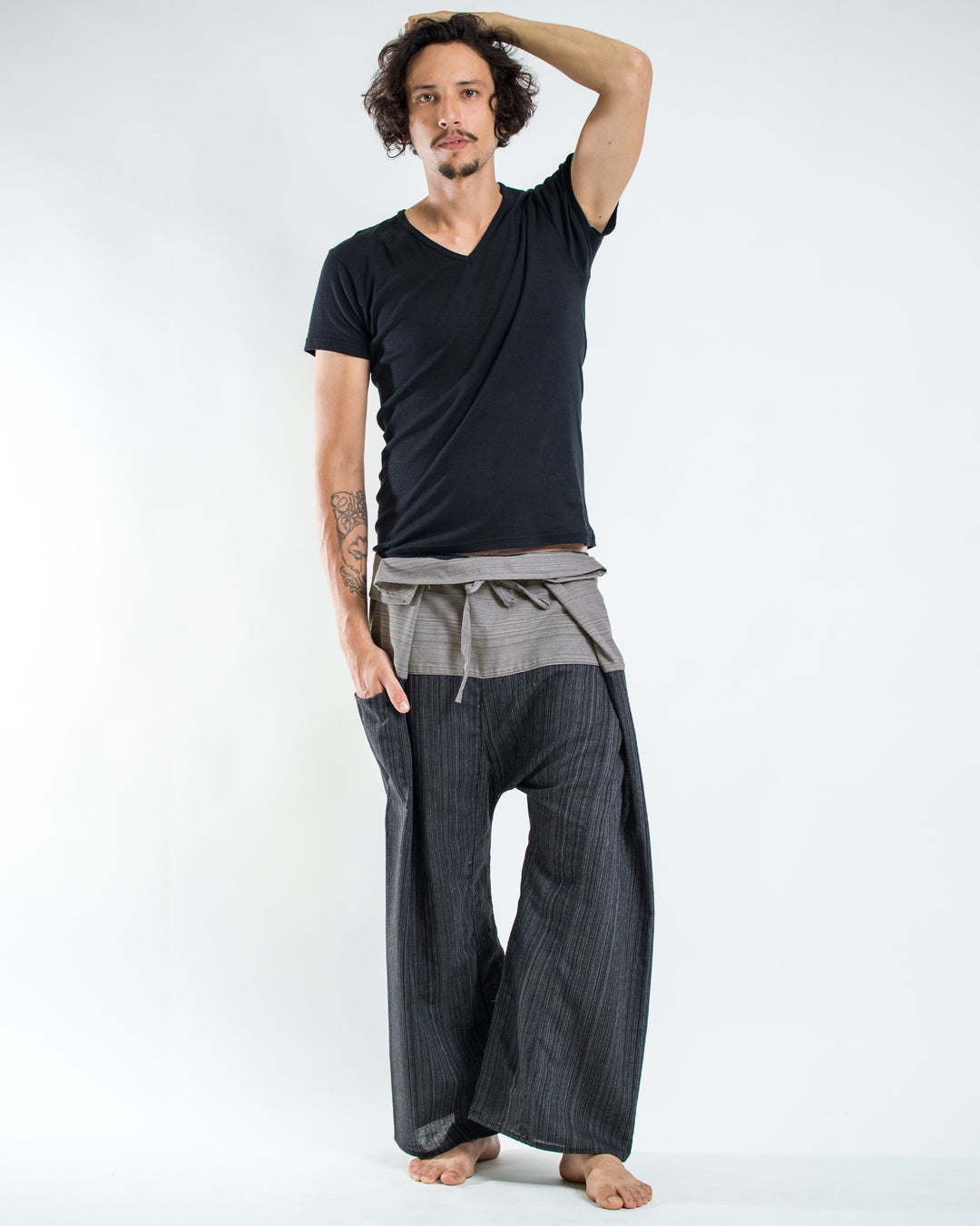 Unisex 2-Tone Pinstripes Thai Fisherman Pants in Black