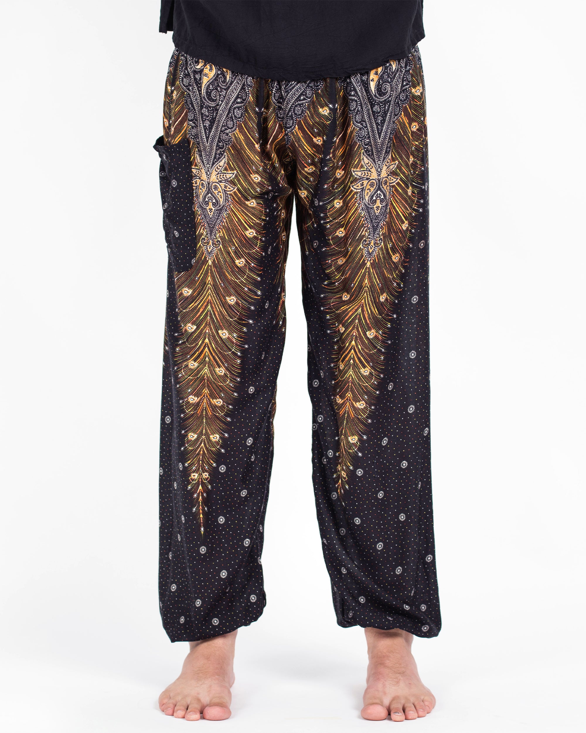 Peacock Feathers Men's Harem Pants in Black