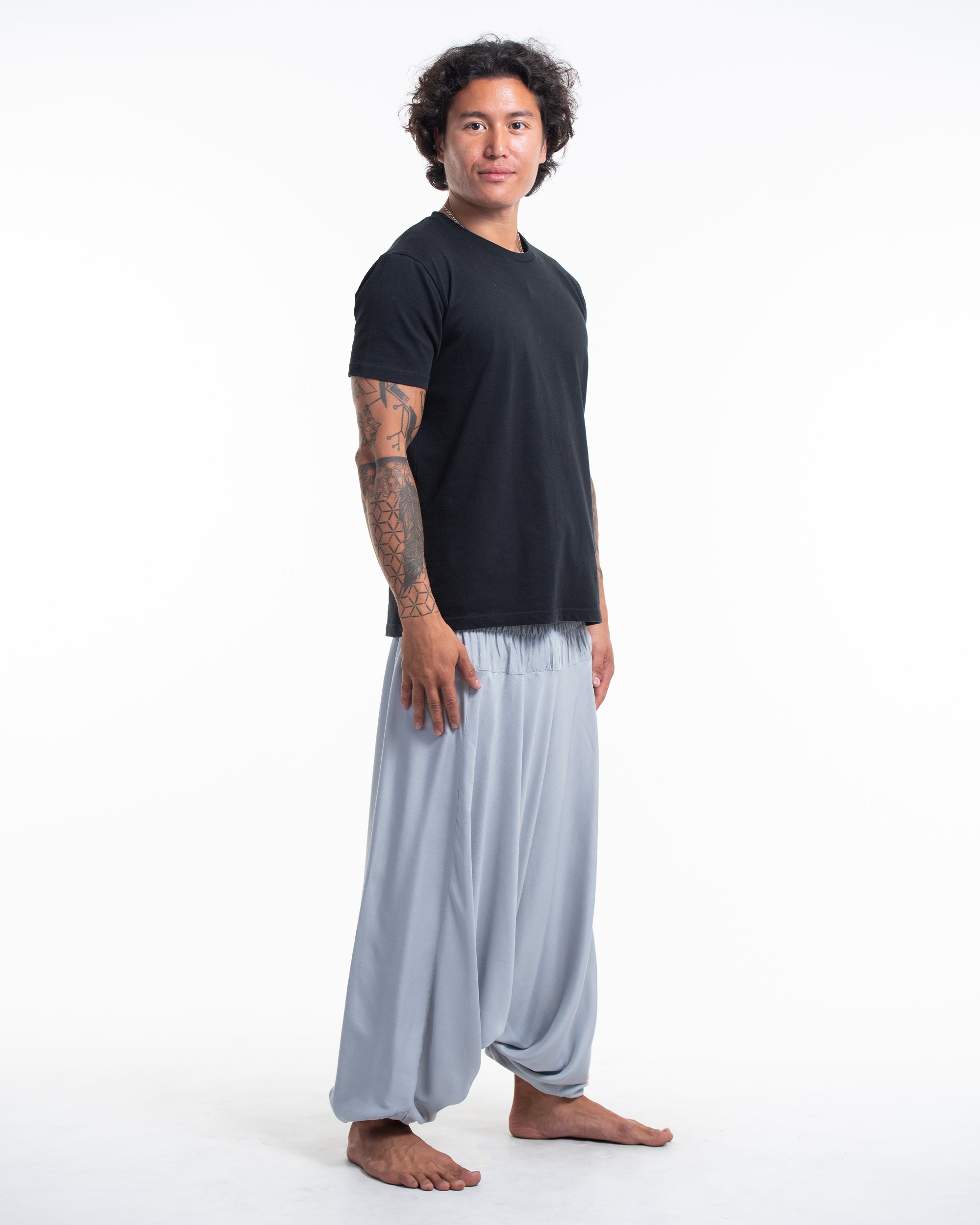 Solid Color Drop Crotch Men's Harem Pants in Light Gray