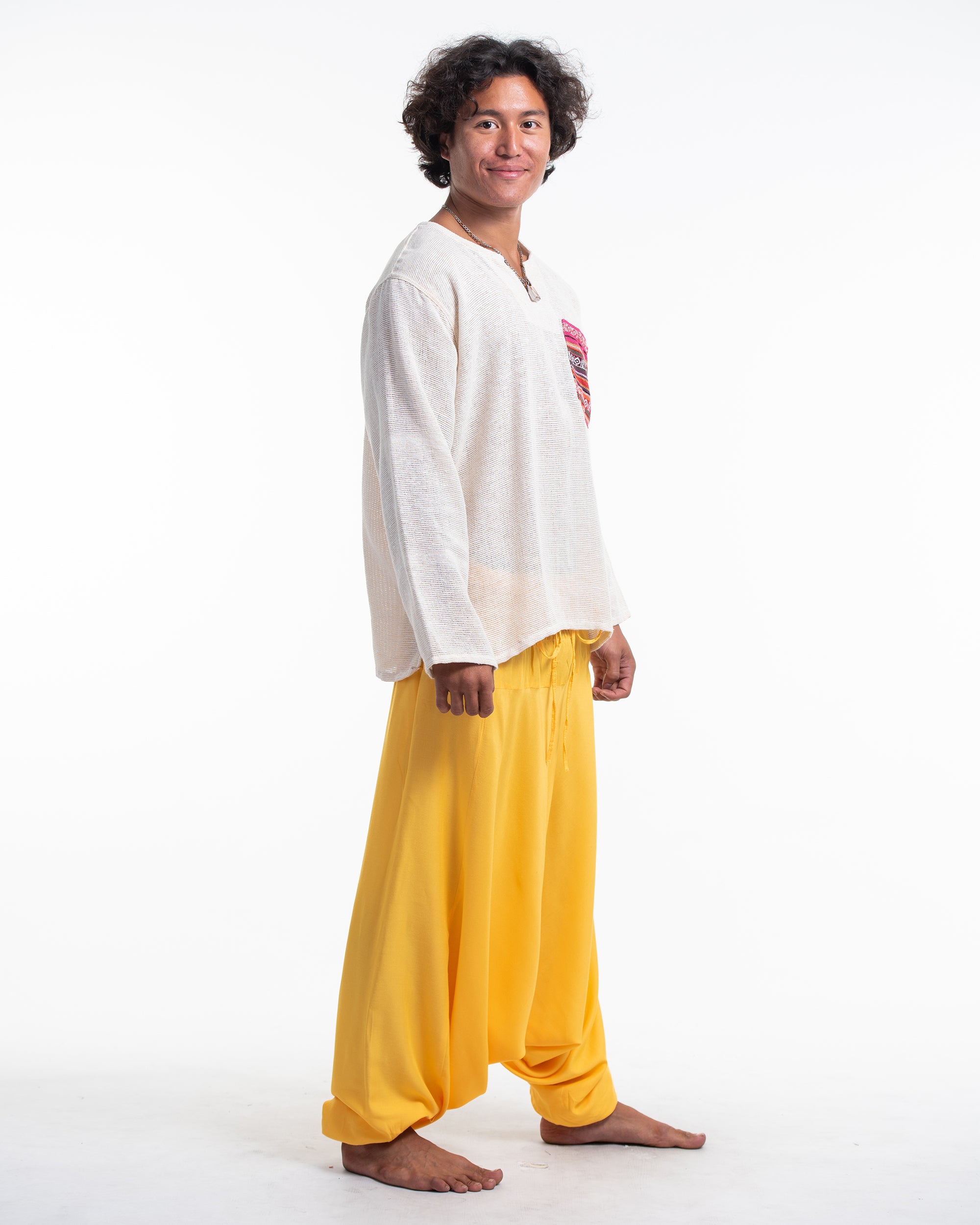 Solid Color Drop Crotch Men's Harem Pants in Light Yellow