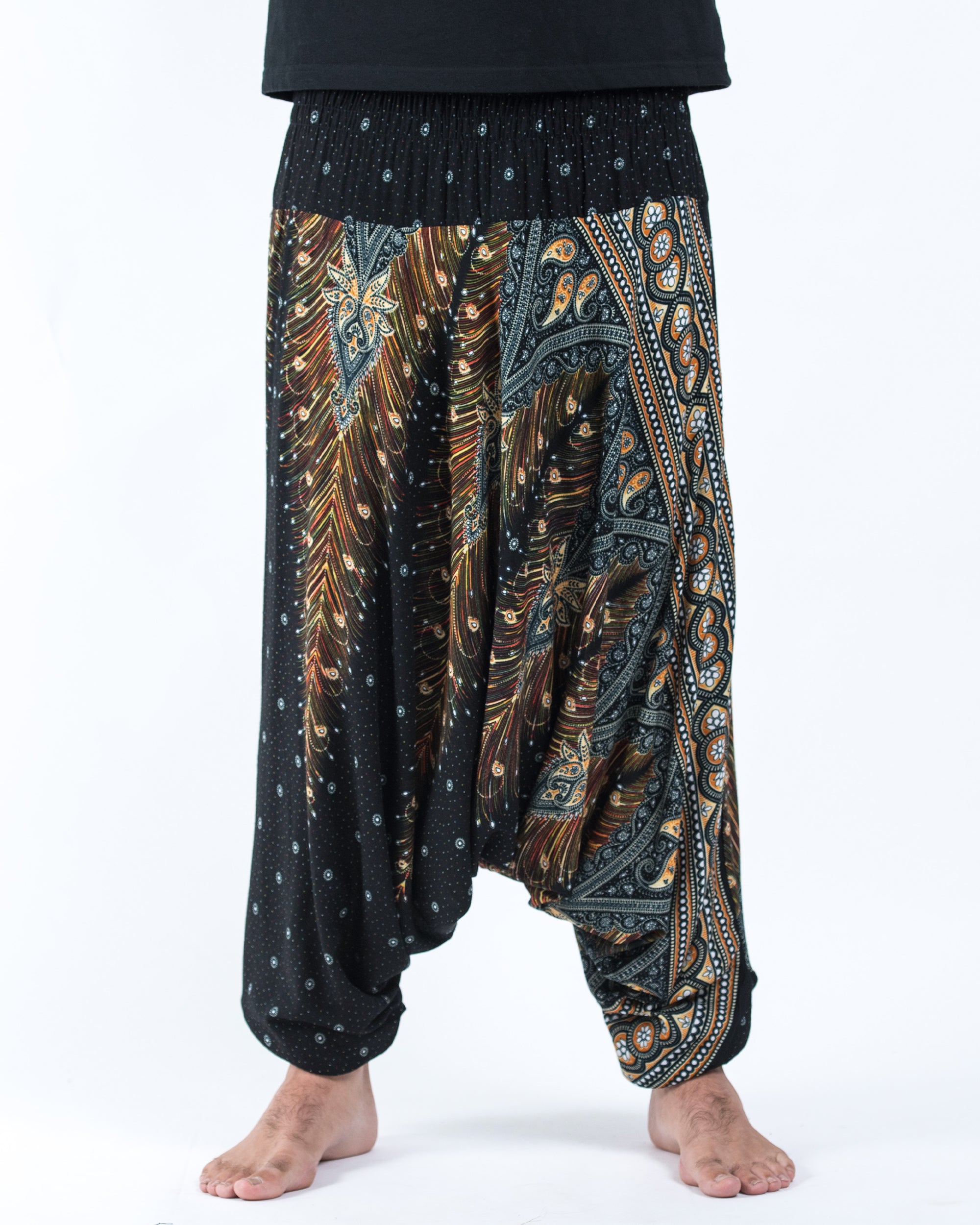 Peacock Feathers Drop Crotch Men's Harem Pants in Black