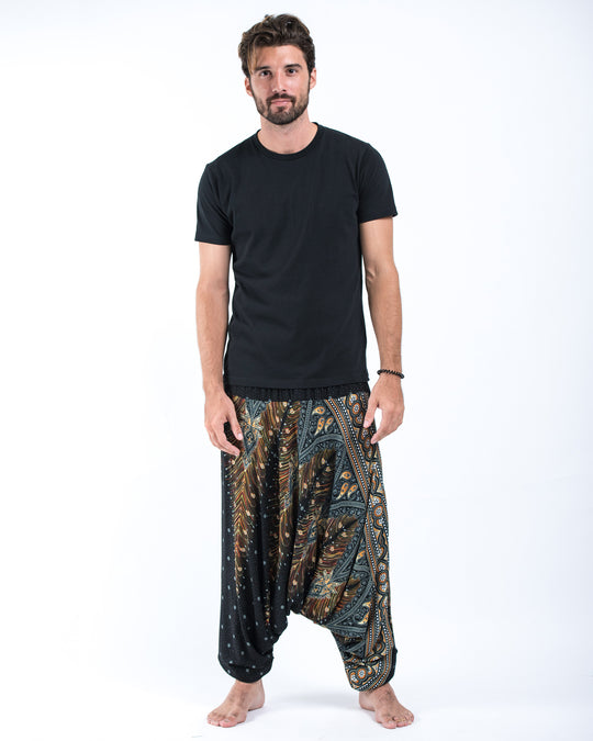 Peacock Feathers Drop Crotch Men's Harem Pants in Black