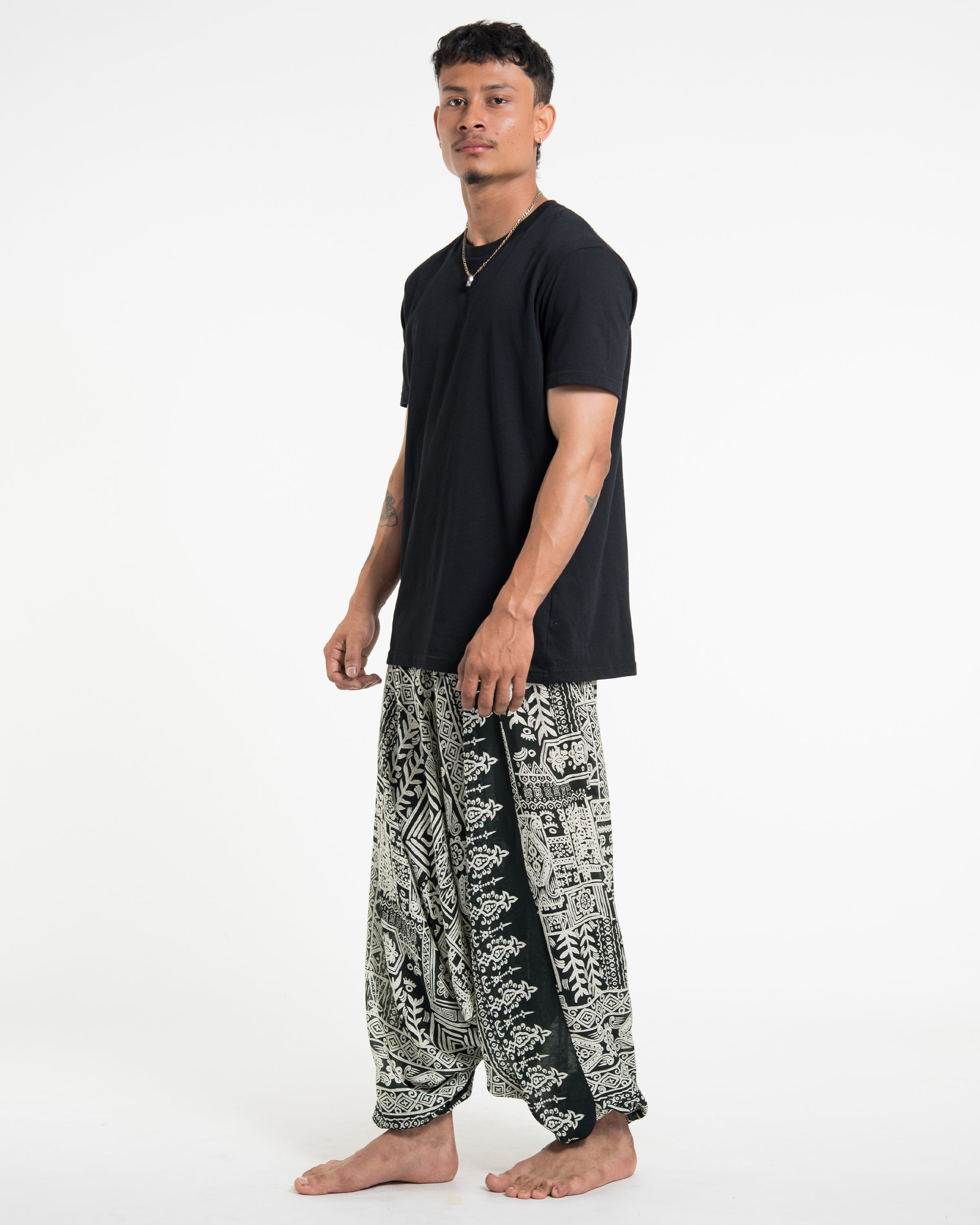 Tribal Prints Drop Crotch Men's Harem Pants in Green