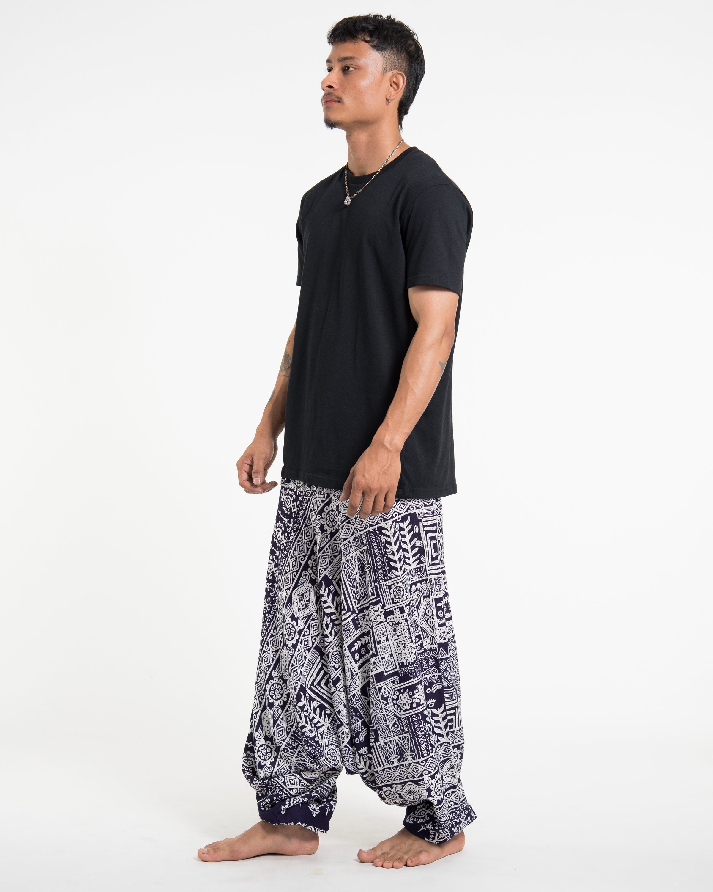 Tribal Prints Drop Crotch Men's Harem Pants in Navy