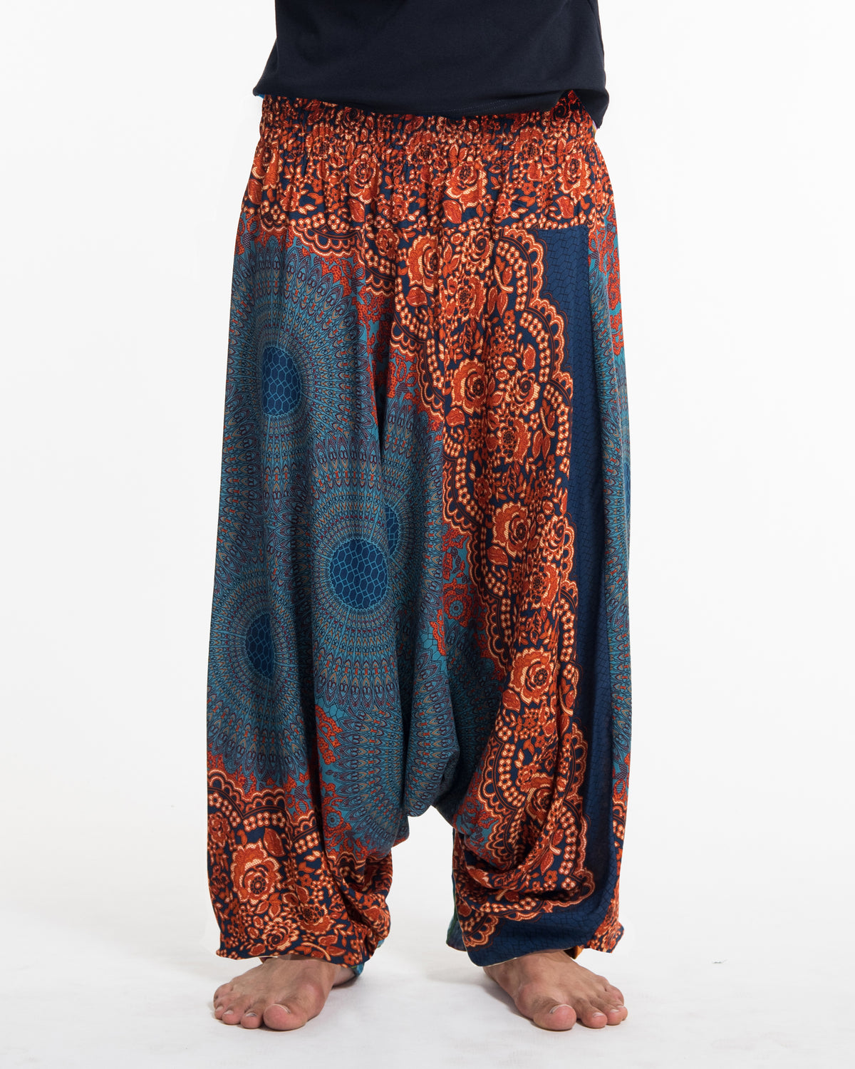 Geometric Mandalas Drop Crotch Men's Harem Pants in Turquoise