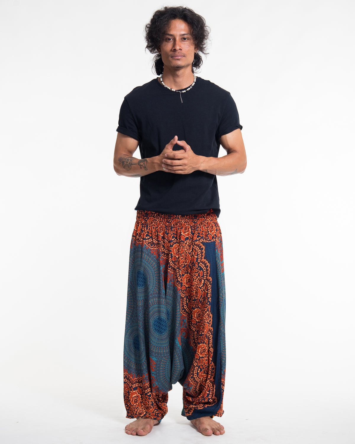 Geometric Mandalas Drop Crotch Men's Harem Pants in Turquoise