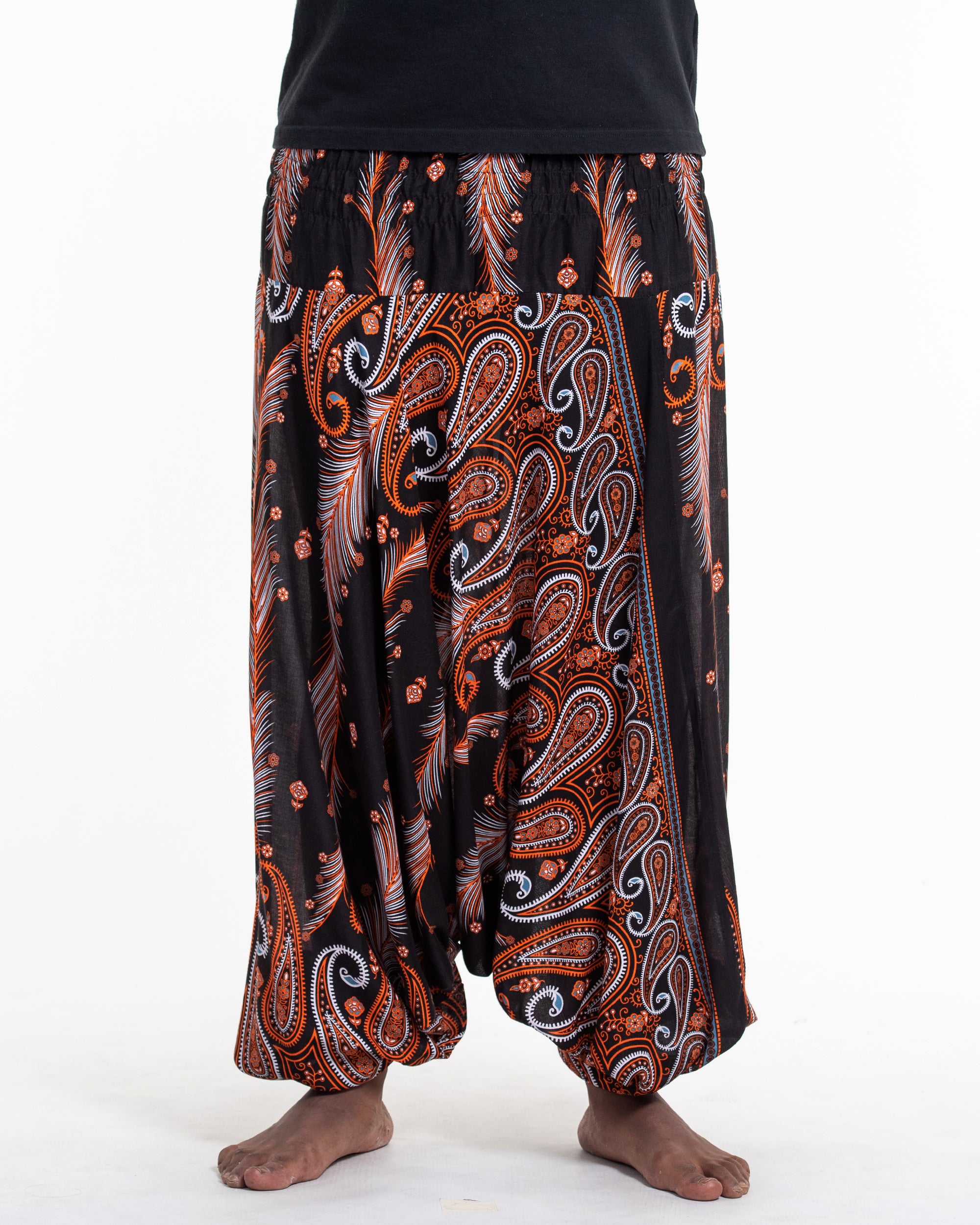 Paisley Feathers Drop Crotch Men's Harem Pants in Black