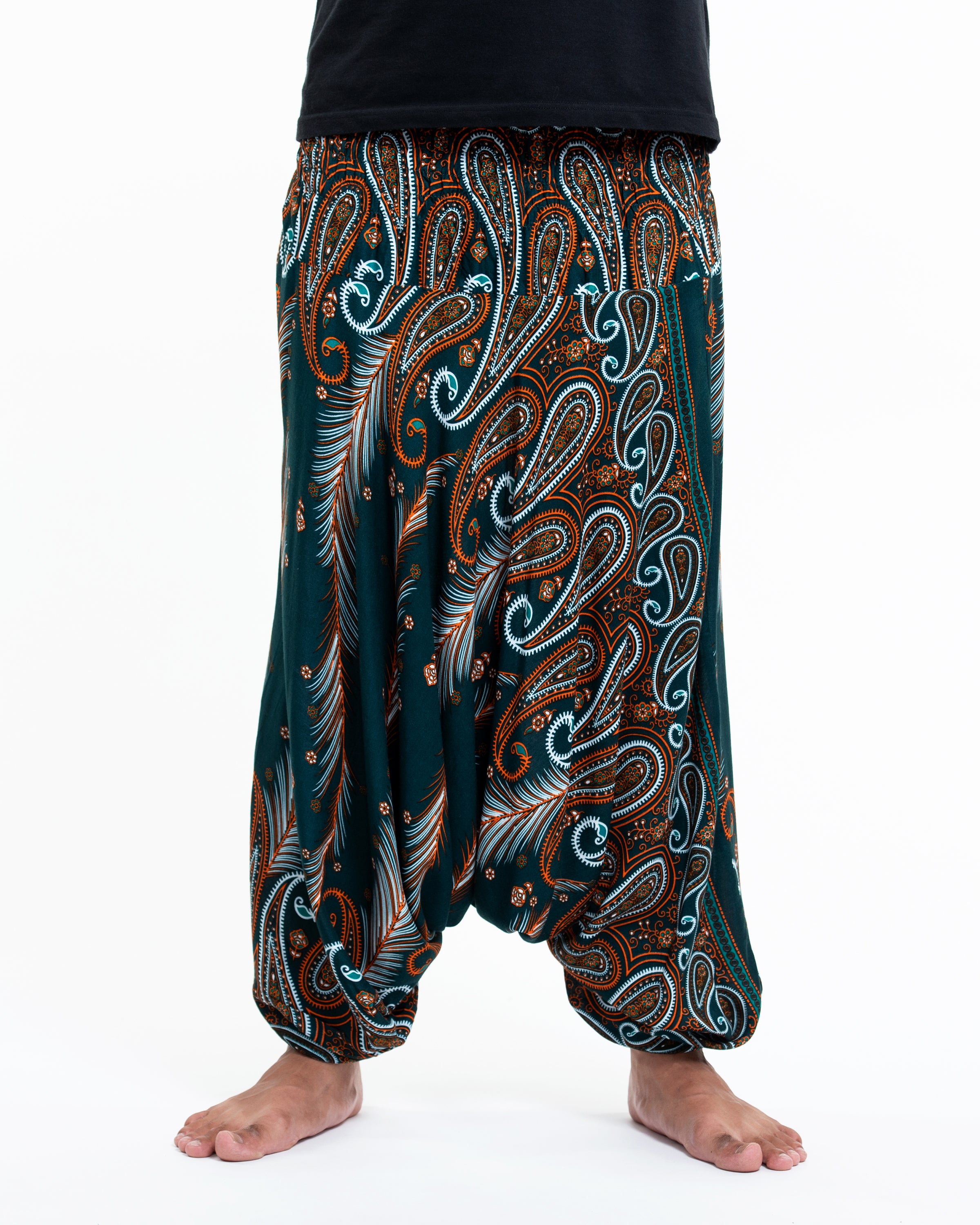 Paisley Feathers Drop Crotch Men's Harem Pants in Green