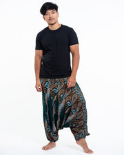 Paisley Feathers Drop Crotch Men's Harem Pants in Green
