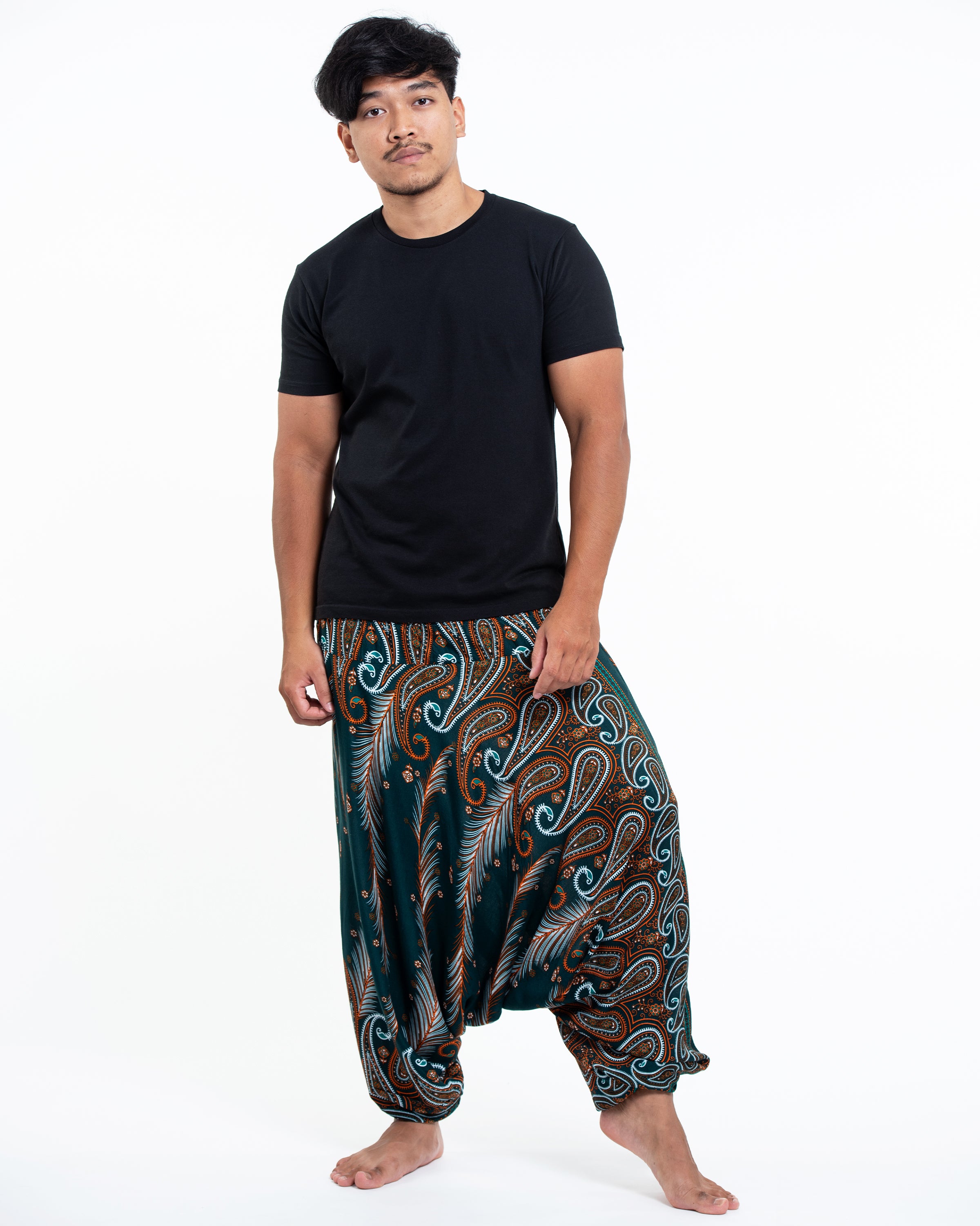Paisley Feathers Drop Crotch Men's Harem Pants in Green