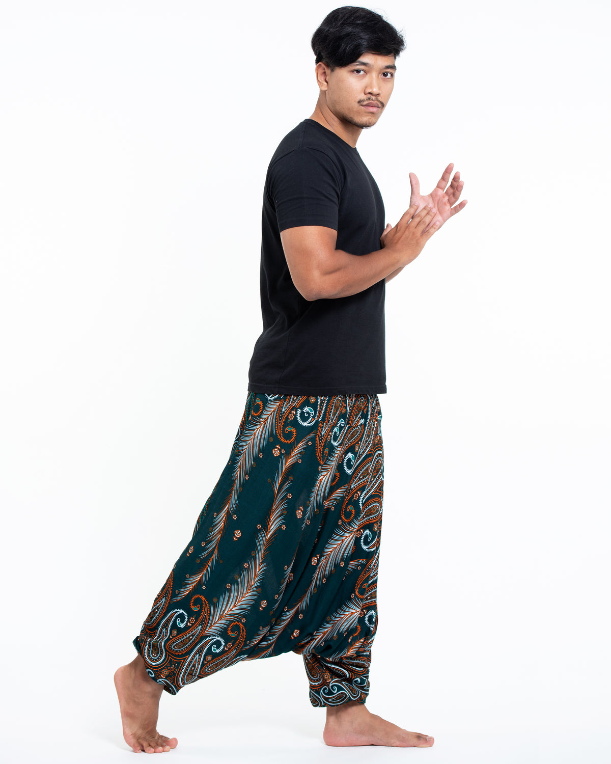 Paisley Feathers Drop Crotch Men's Harem Pants in Green