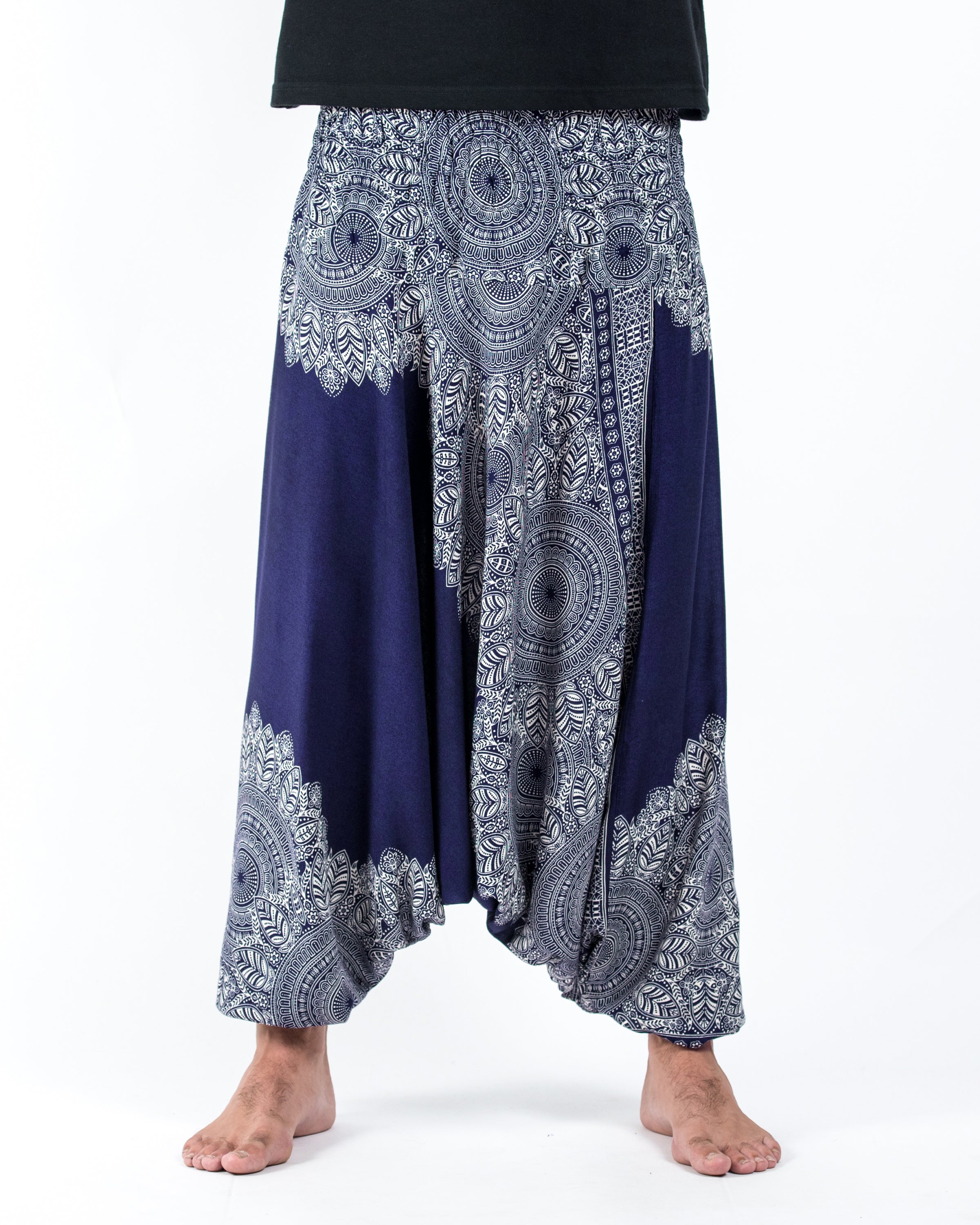 Floral Mandalas Drop Crotch Men's Harem Pants in Blue