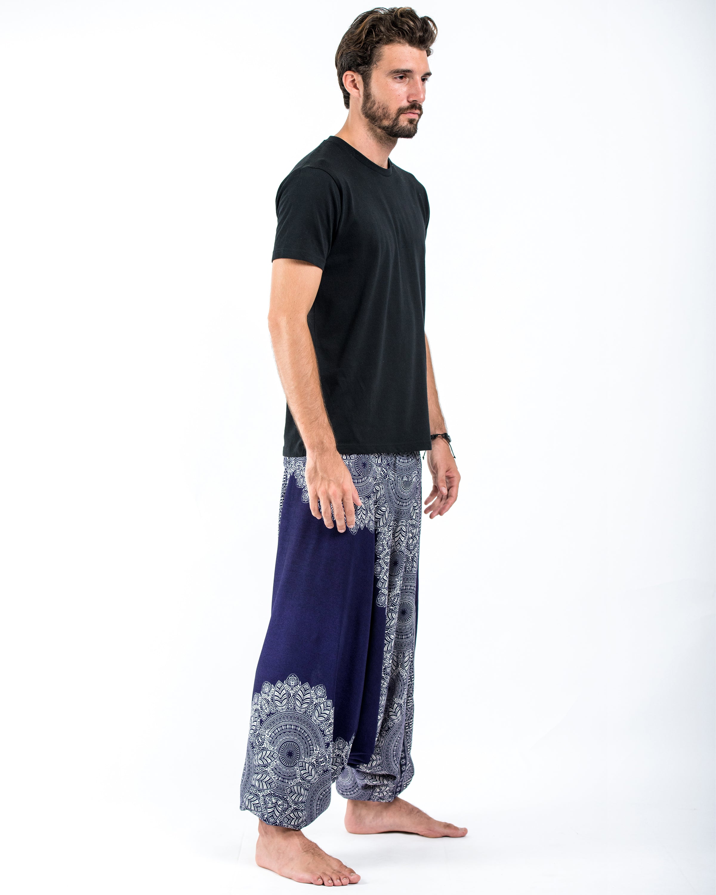 Floral Mandalas Drop Crotch Men's Harem Pants in Blue