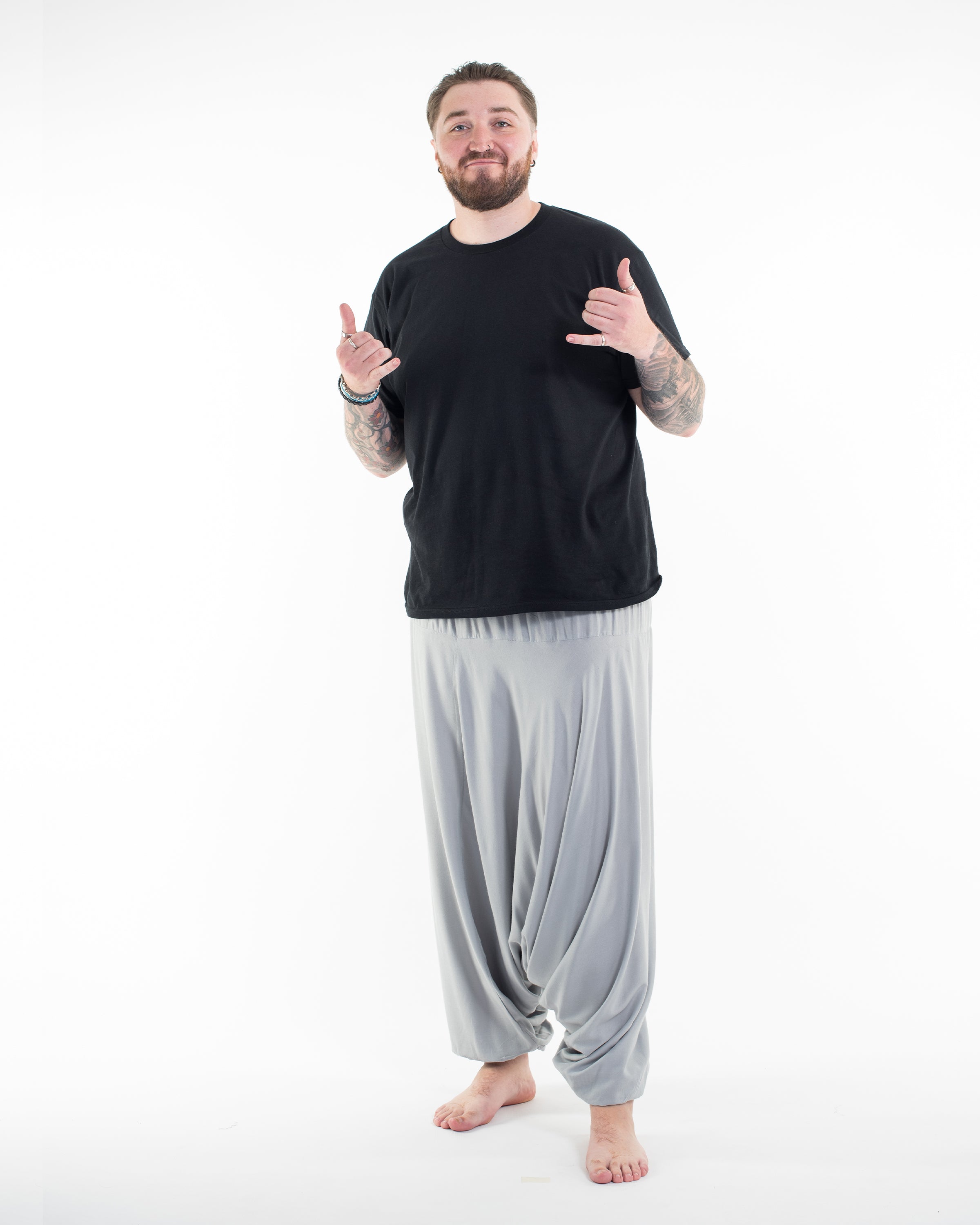 Plus Size Solid Color Drop Crotch Men's Harem Pants in Light Gray