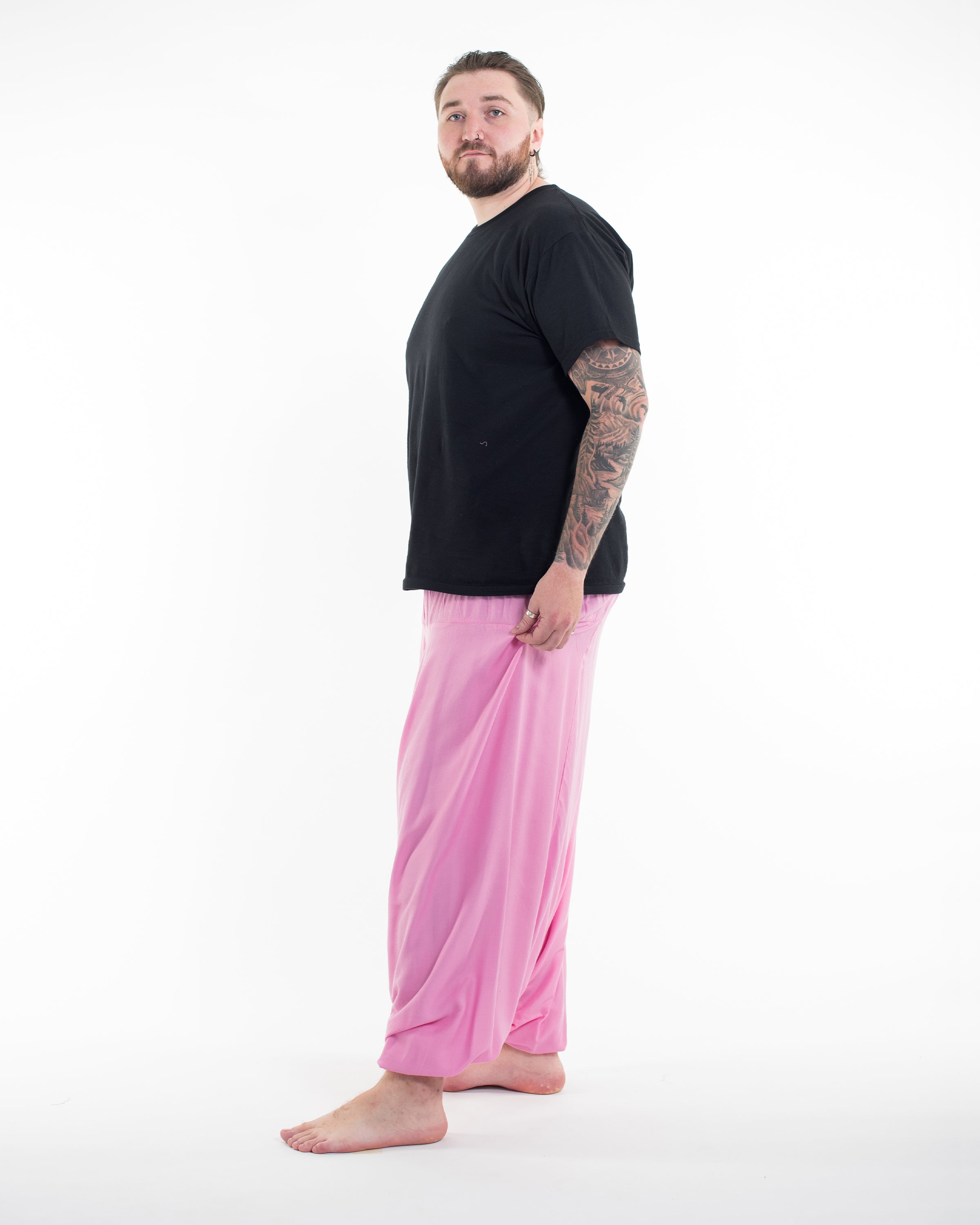 Plus Size Solid Color Drop Crotch Men's Harem Pants in Light Pink