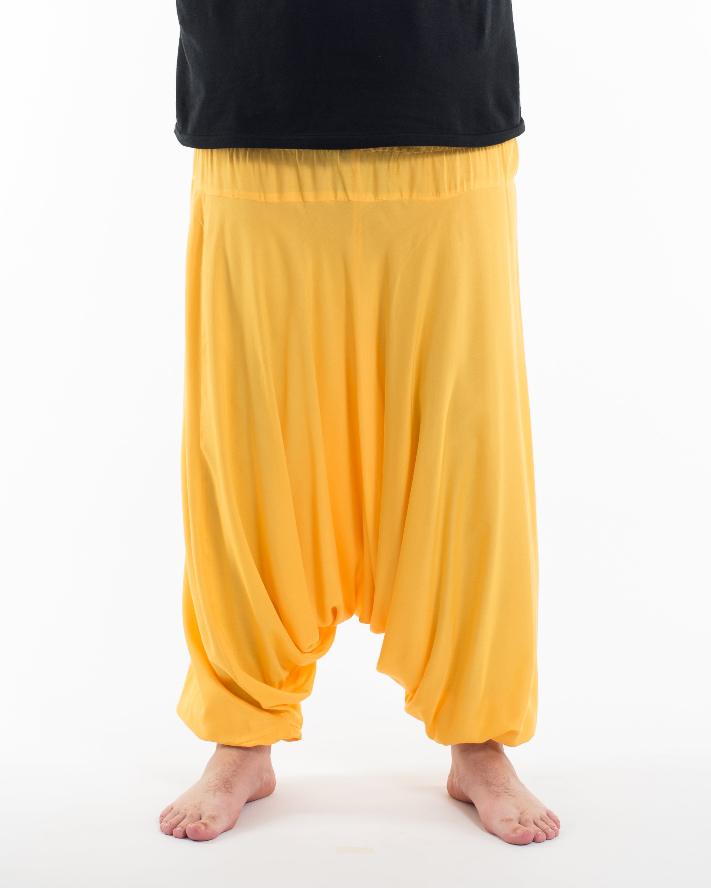 Plus Size Solid Color Drop Crotch Men's Harem Pants in Light Yellow