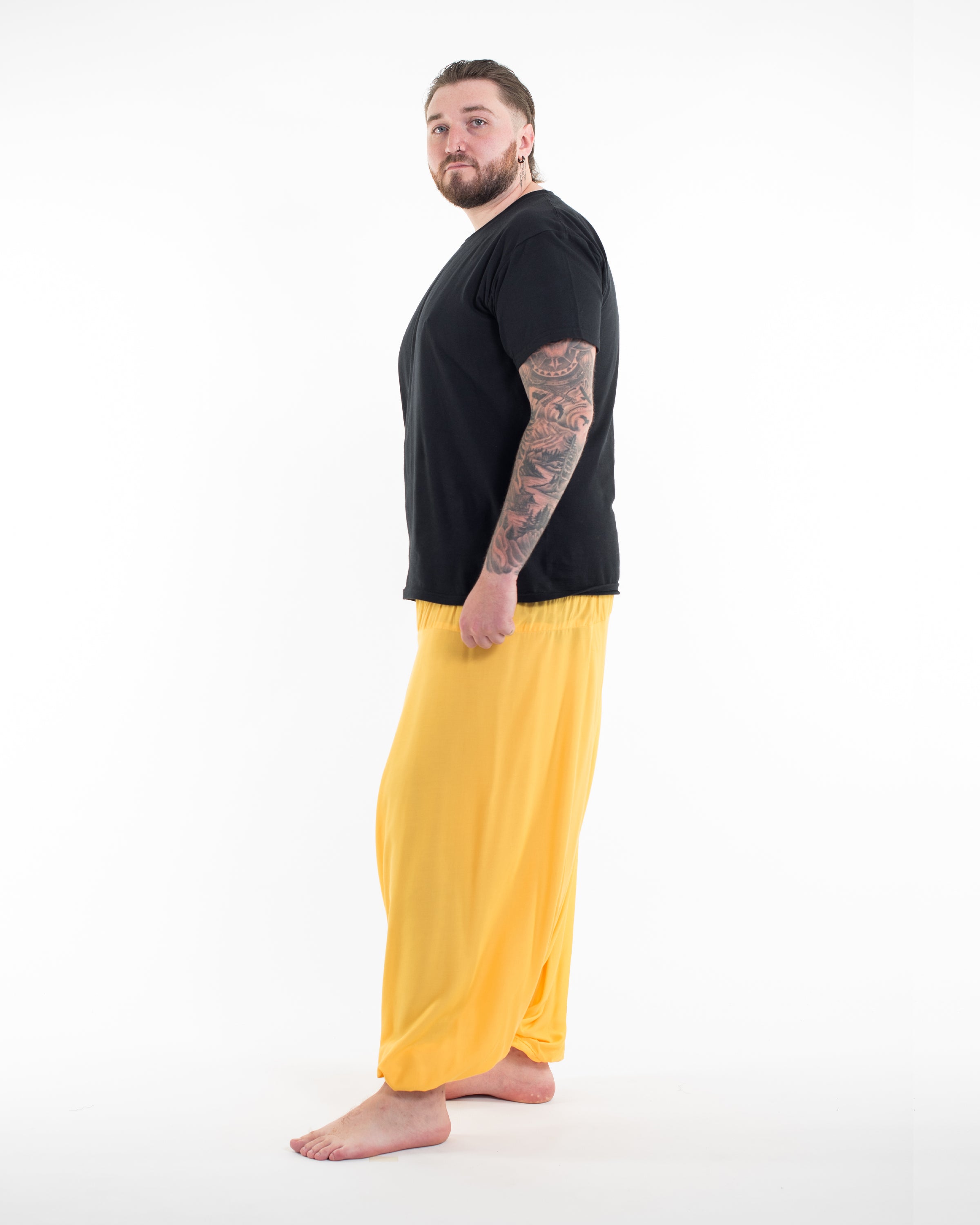 Plus Size Solid Color Drop Crotch Men's Harem Pants in Light Yellow