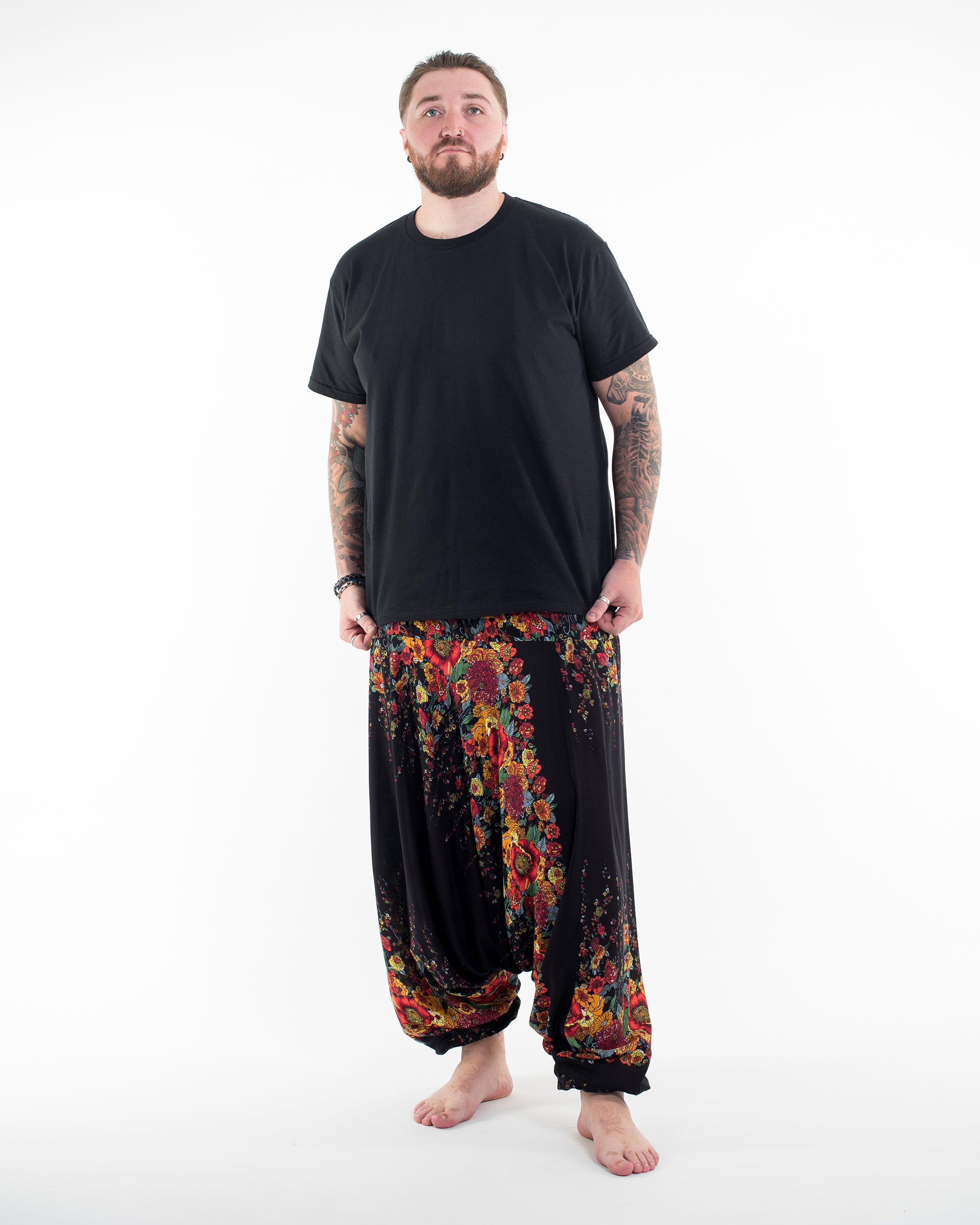 Plus Size Floral Drop Crotch Men's Harem Pants in Black