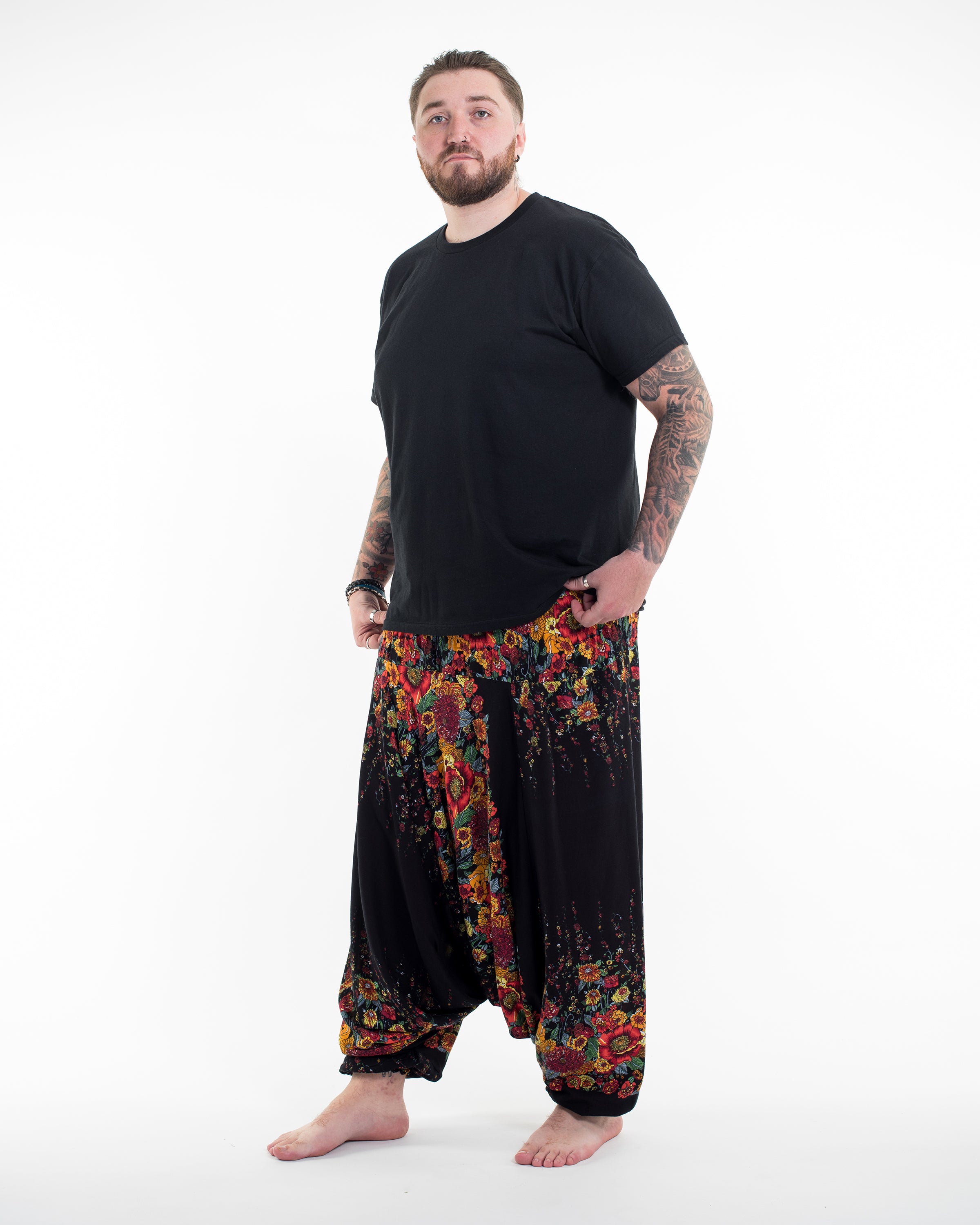 Plus Size Floral Drop Crotch Men's Harem Pants in Black