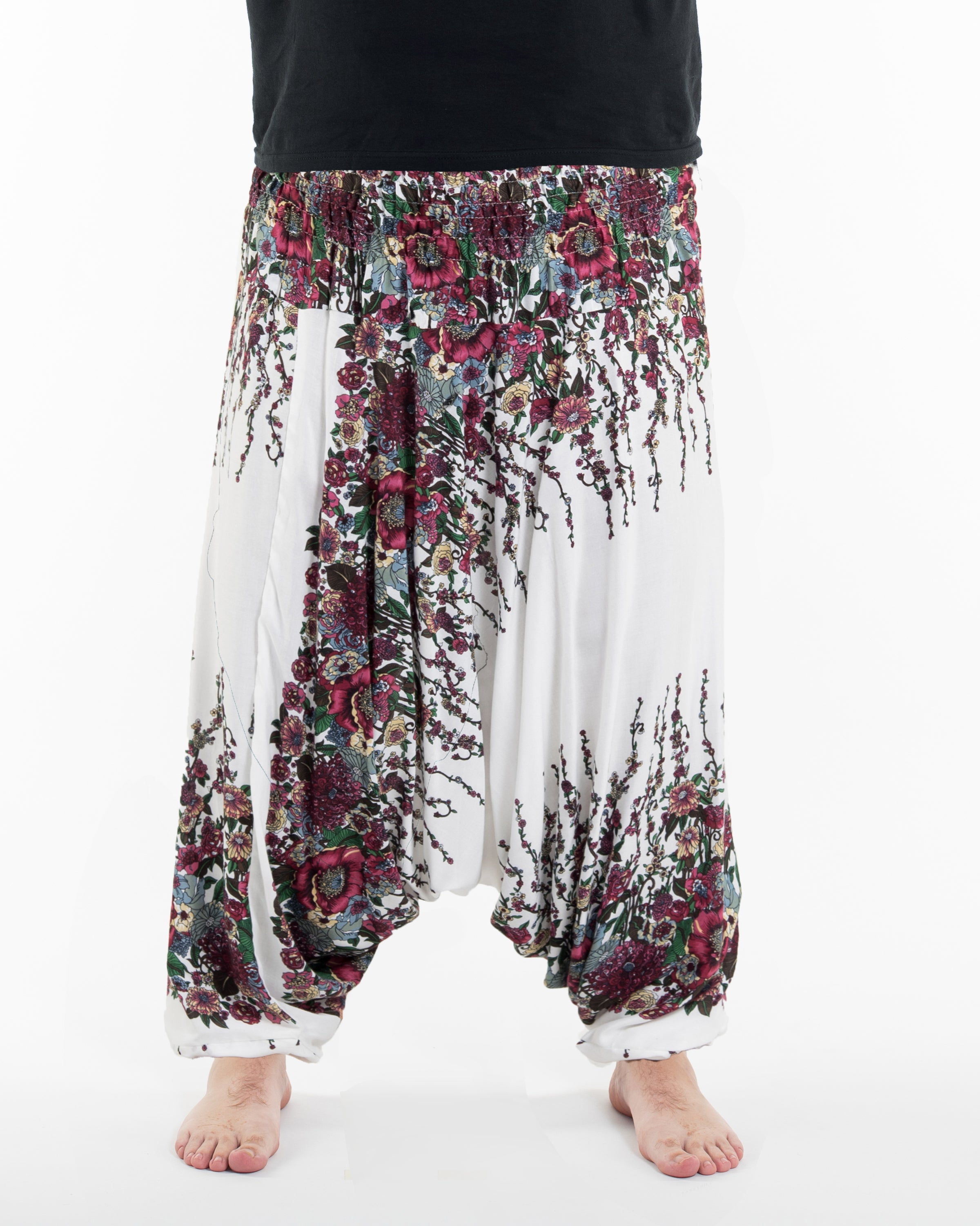 Plus Size Floral Drop Crotch Men's Harem Pants in White