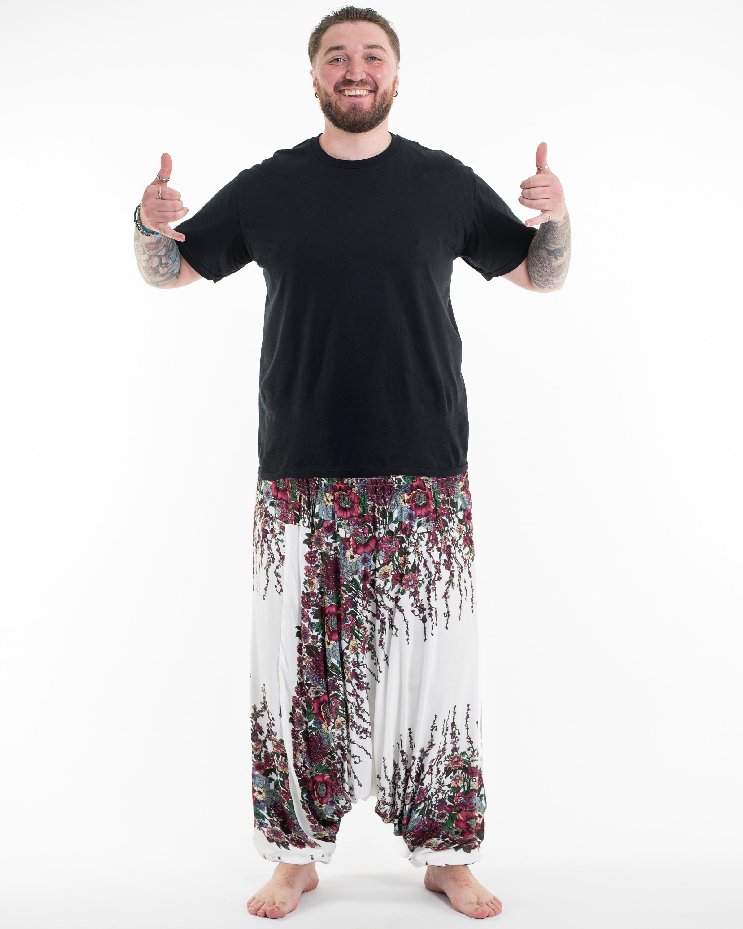 Plus Size Floral Drop Crotch Men's Harem Pants in White