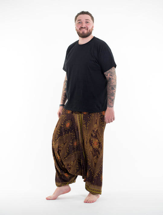 Plus Size Peacock Eyes Drop Crotch Men's Harem Pants in Brown
