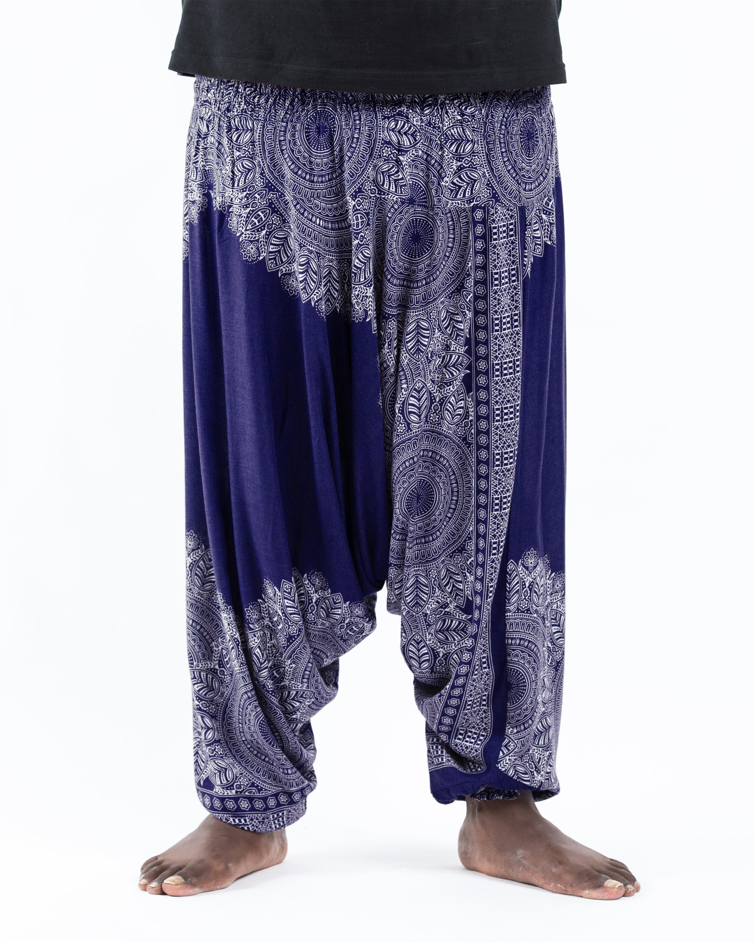 Plus Size Floral Mandalas Drop Crotch Men's Harem Pants in Blue