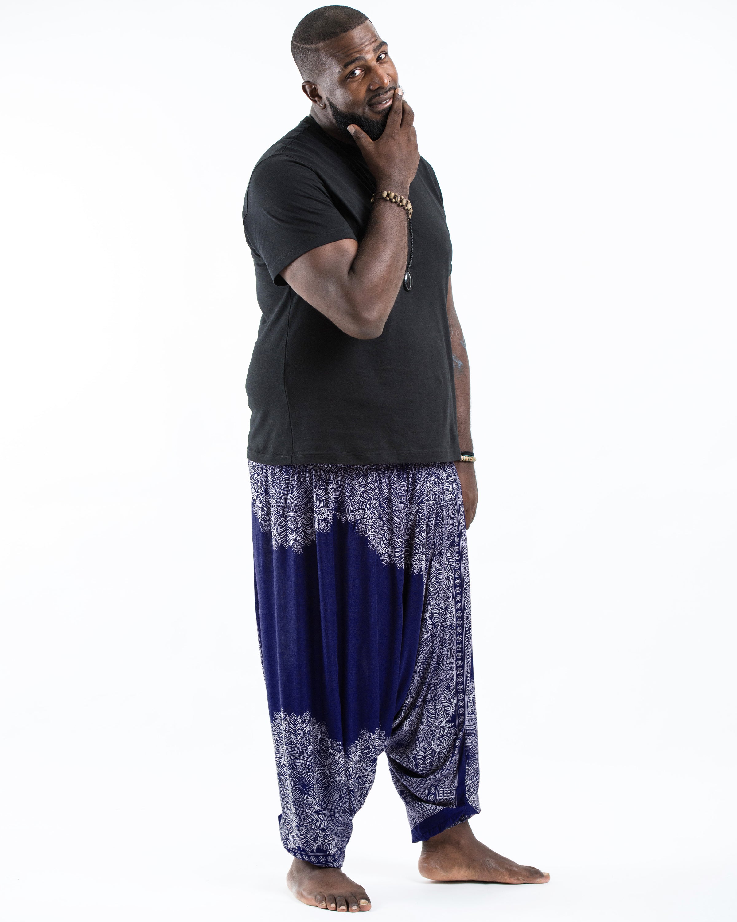 Plus Size Floral Mandalas Drop Crotch Men's Harem Pants in Blue