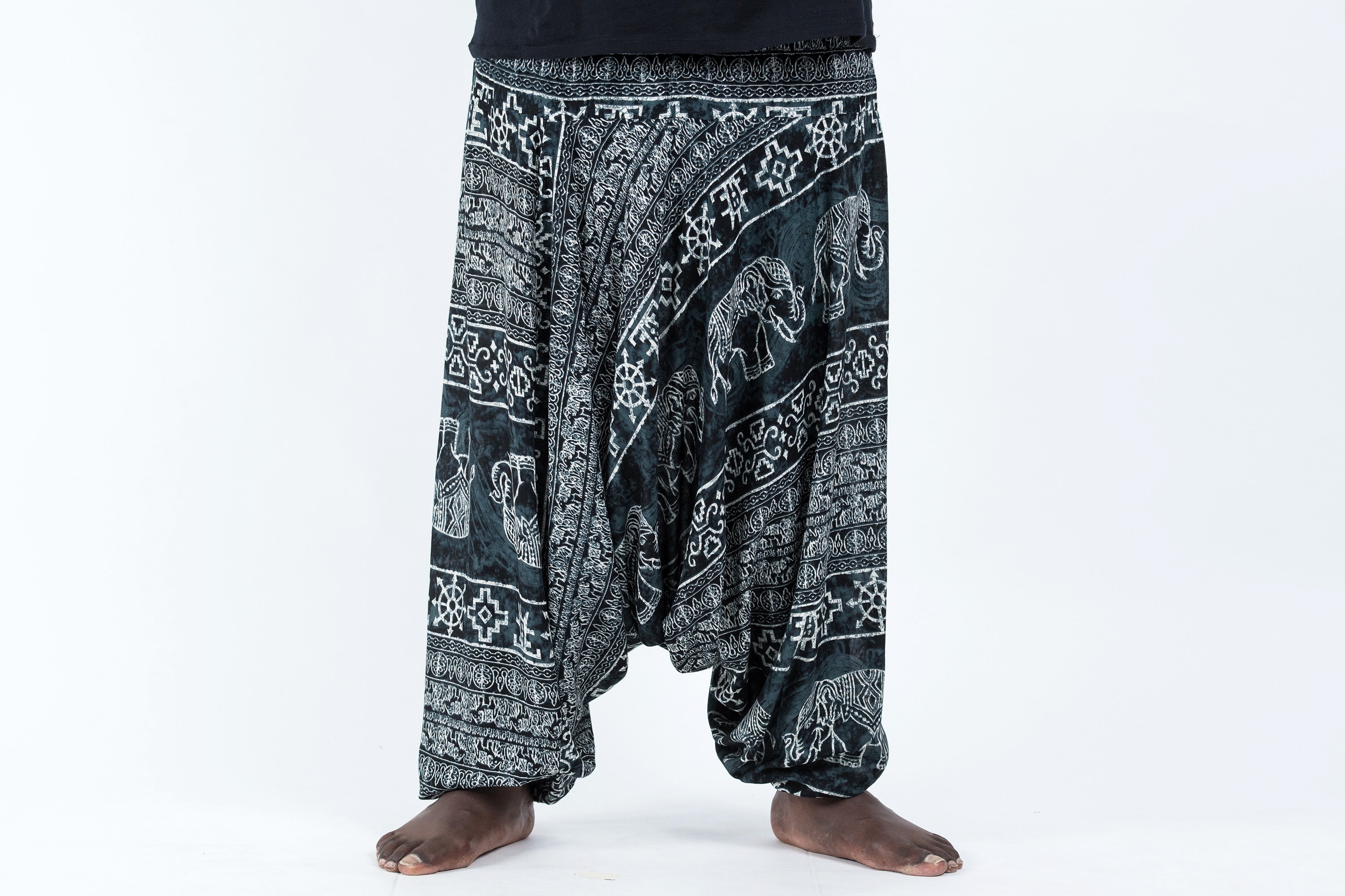 Plus Size Marble Elephant Drop Crotch Men's Elephant Pants in Black