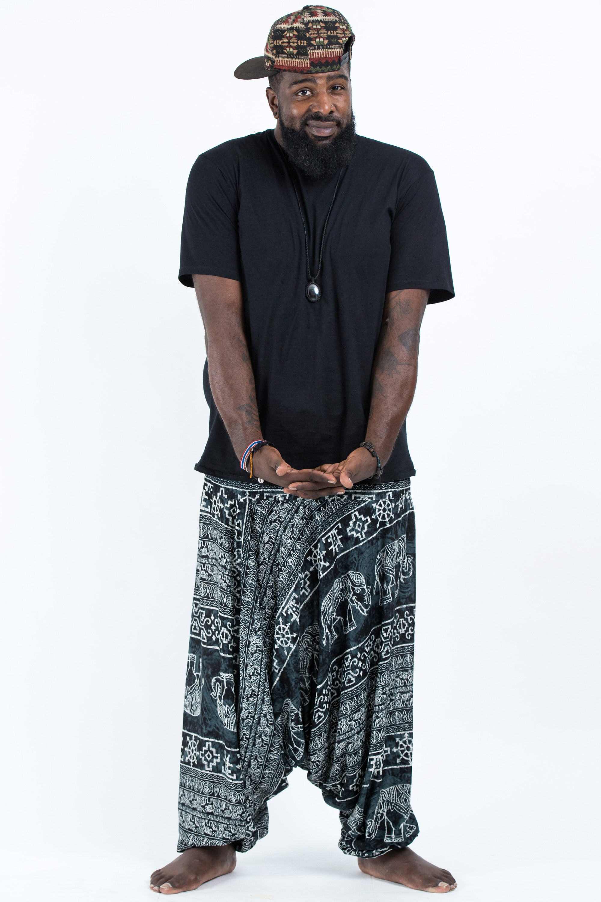 Plus Size Marble Elephant Drop Crotch Men's Elephant Pants in Black