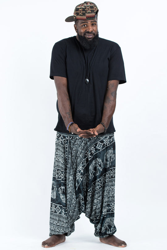 Plus Size Marble Elephant Drop Crotch Men's Elephant Pants in Black