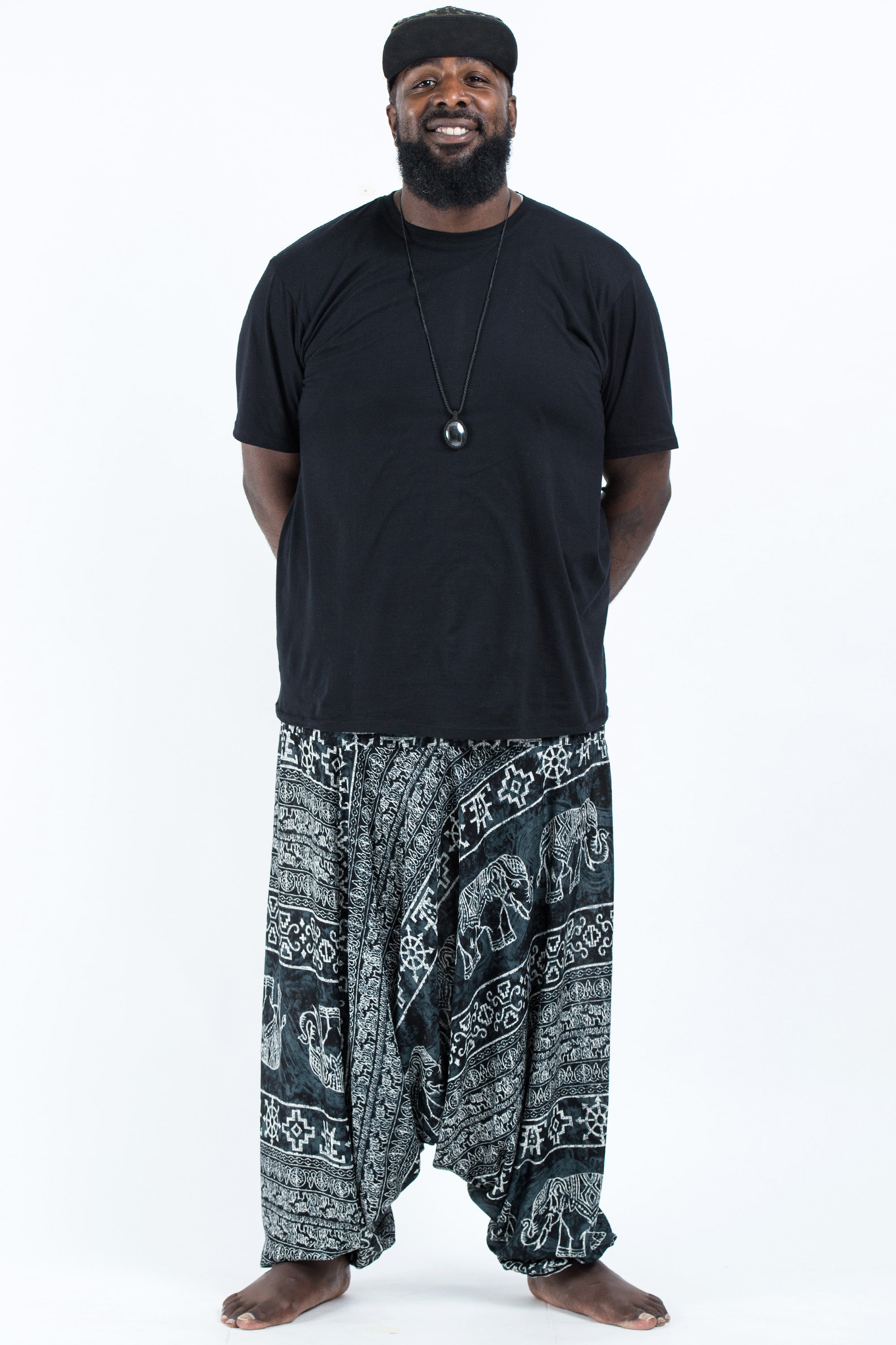 Plus Size Marble Elephant Drop Crotch Men's Elephant Pants in Black